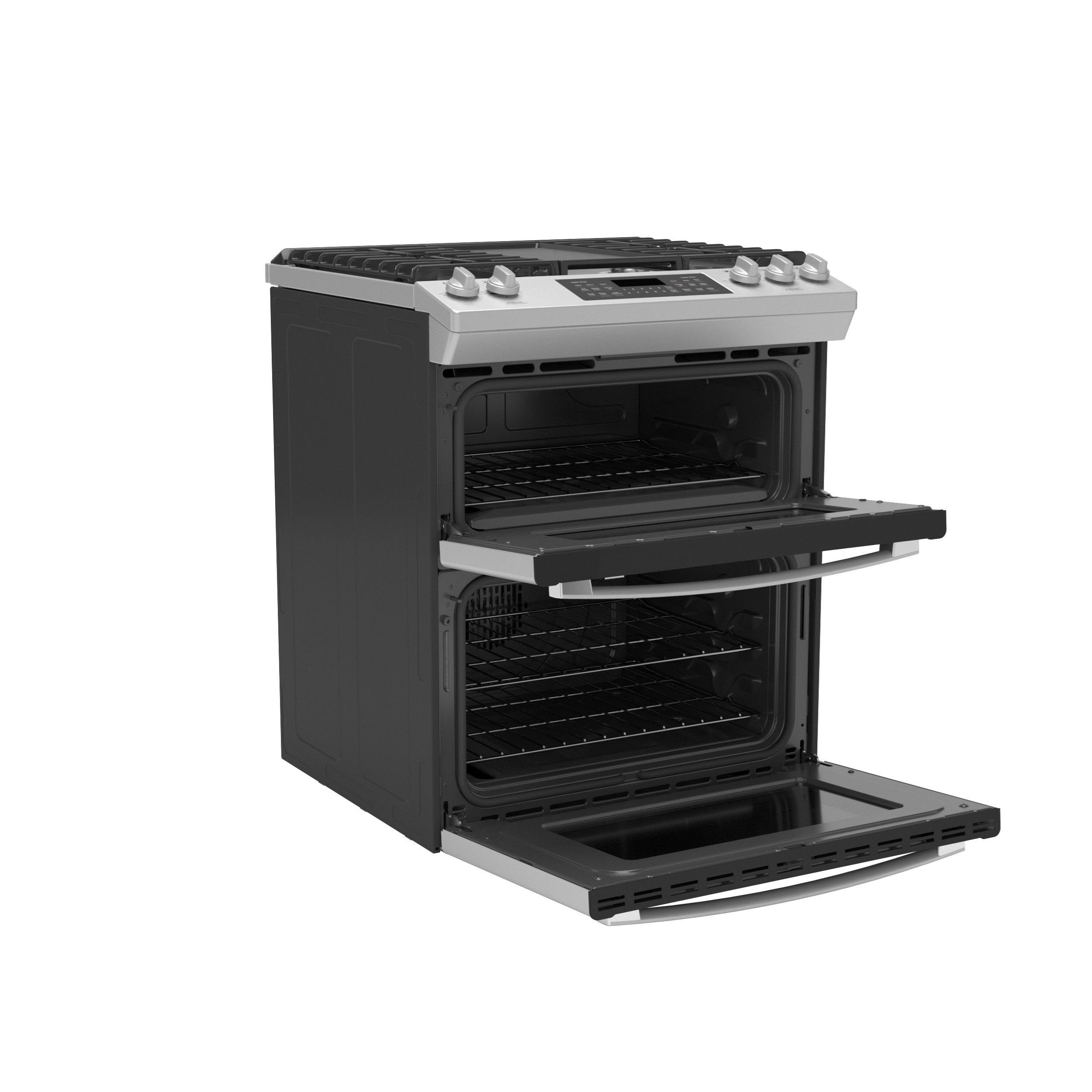 JGSS86SPSS GE 30 Inch Slide In Double Oven Gas Range with 5 Sealed Burners,  6.7 Total Oven Capacity, Continuous Cast Iron Grate, Integrated Griddle,  Steam Clean, STAINLESS STEEL - Metro Appliances 