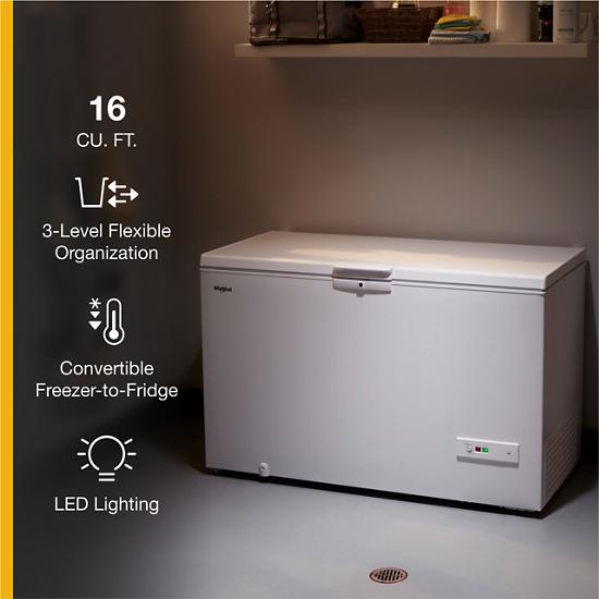 Model: WZC5216LW - SD | Whirlpool 16 Cu. Ft. Convertible Chest Freezer with 3 Storage Levels (SCRATCH AND DENT) 