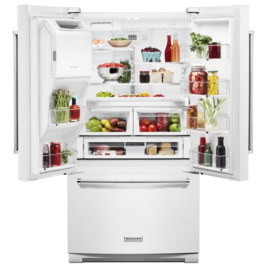 Model: KRFF507HWH | KitchenAid 26.8 cu. ft. 36-Inch Width Standard Depth French Door Refrigerator with Exterior Ice and Water