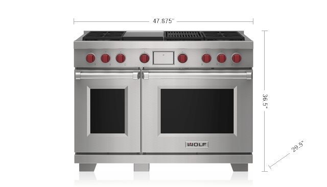 Model: DF48450CG/S/P/LP | Wolf 48" Dual Fuel Range - 4 Burners, Infrared Charbroiler and Infrared Griddle