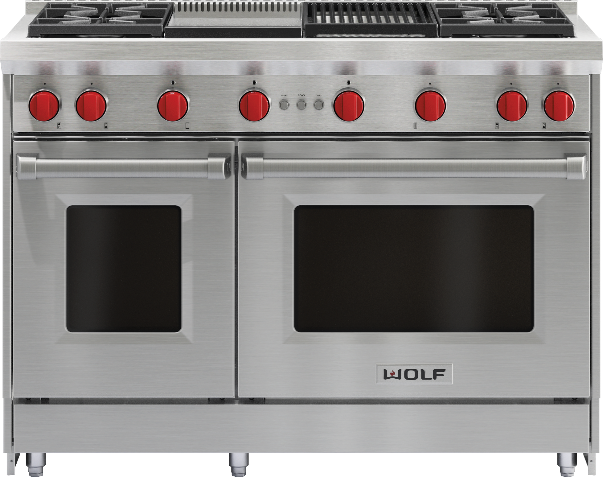 Model: GR484CG-LP | Wolf 48" Gas Range - 4 Burners, Infrared Charbroiler and Infrared Griddle