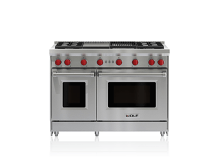 Model: GR484CG-LP | Wolf 48" Gas Range - 4 Burners, Infrared Charbroiler and Infrared Griddle