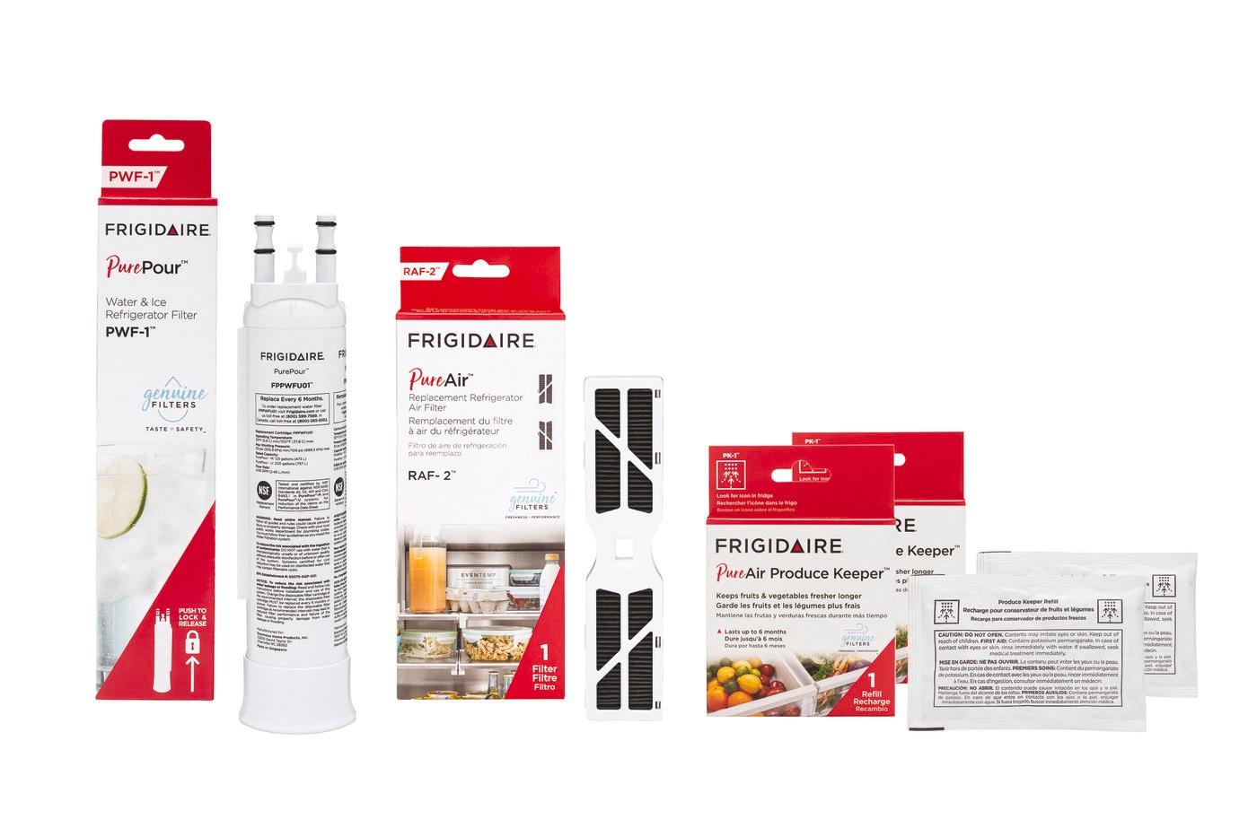 Frigidaire FPPWFU01, FRGPAAF2, and (2) FRPAPKRF Water and Air Filter Combo Kit with Produce Keeper