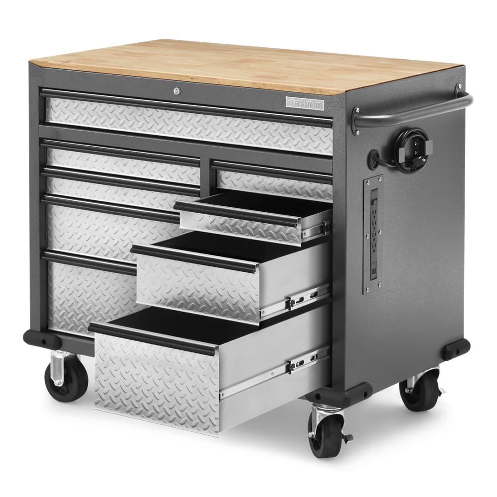 Model: GAMT41HWJG | Gladiator Premier 41 inch 9-drawer Mobile Tool Workbench with Solid Wood Top