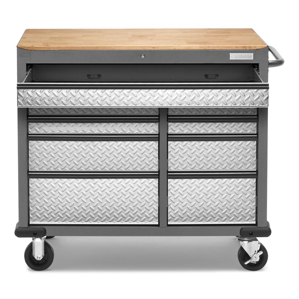 Model: GAMT41HWJG | Gladiator Premier 41 inch 9-drawer Mobile Tool Workbench with Solid Wood Top