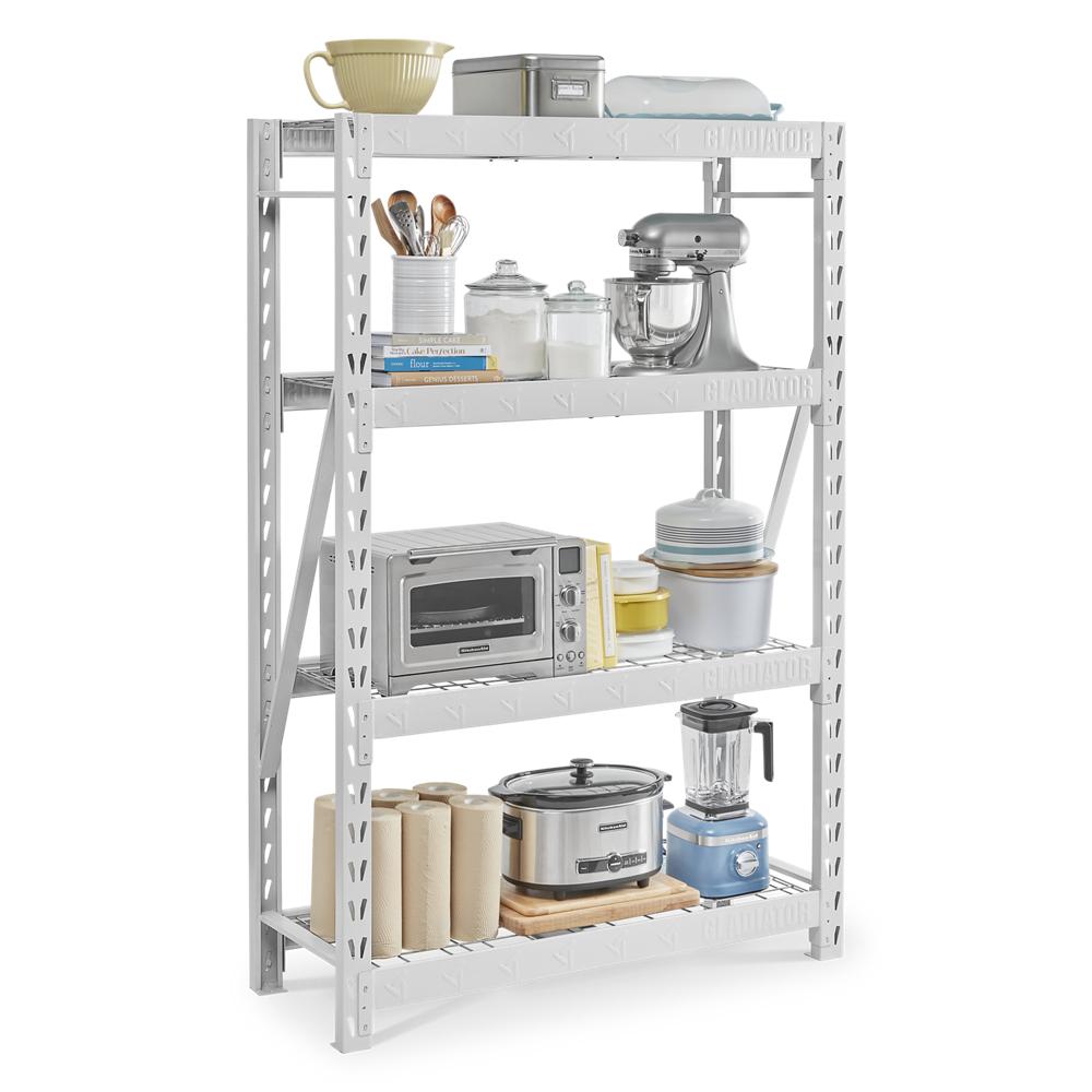 Model: GARS484TKW | Gladiator 48" Wide Heavy Duty Rack with Four 18" Deep Shelves