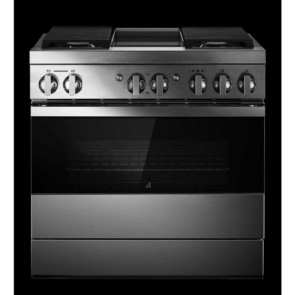 Model: JDSP536HM | Jenn-Air NOIR™ 36" Dual-Fuel Professional-Style Range with Chrome-Infused Griddle and Steam Assist