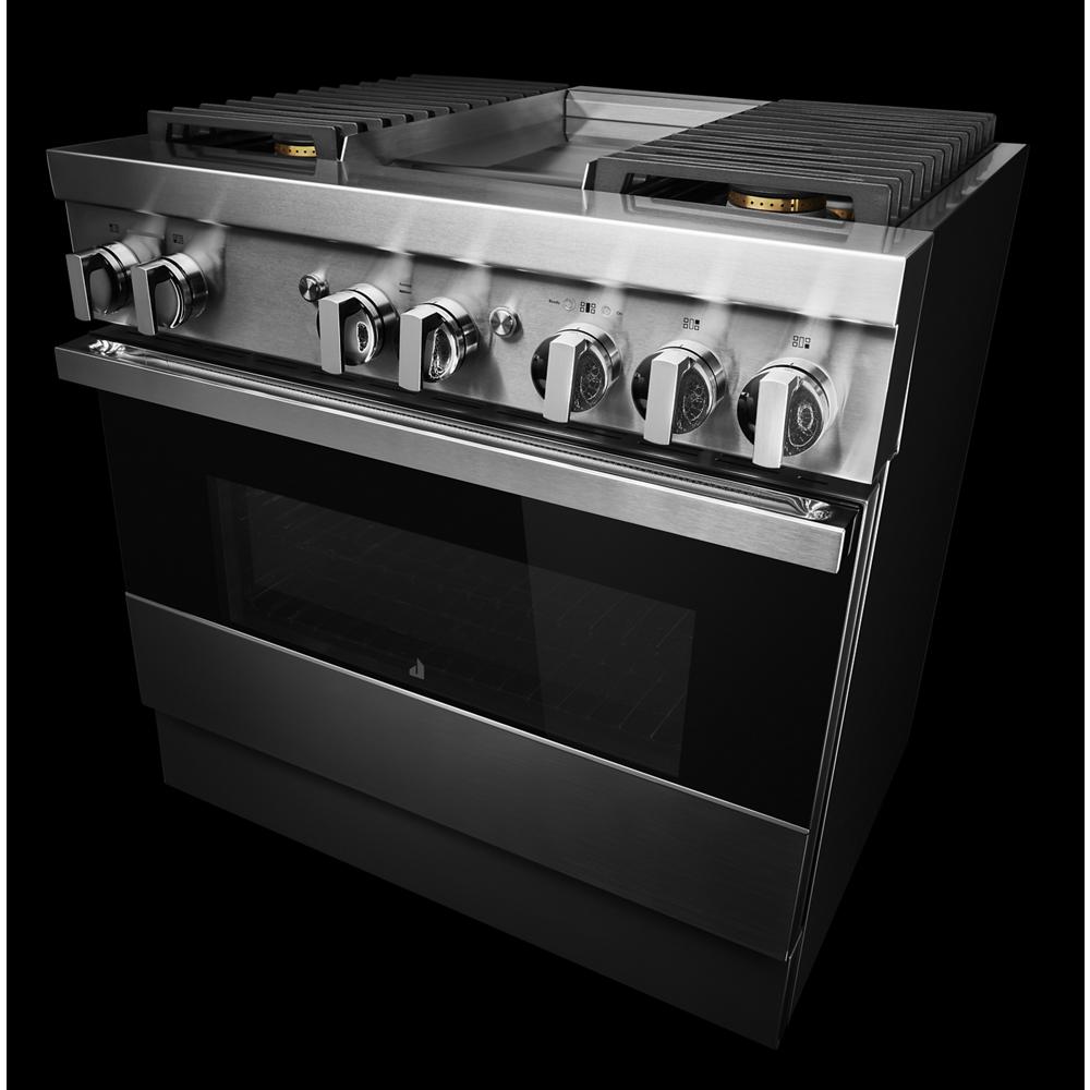 Model: JDSP536HM | Jenn-Air NOIR™ 36" Dual-Fuel Professional-Style Range with Chrome-Infused Griddle and Steam Assist