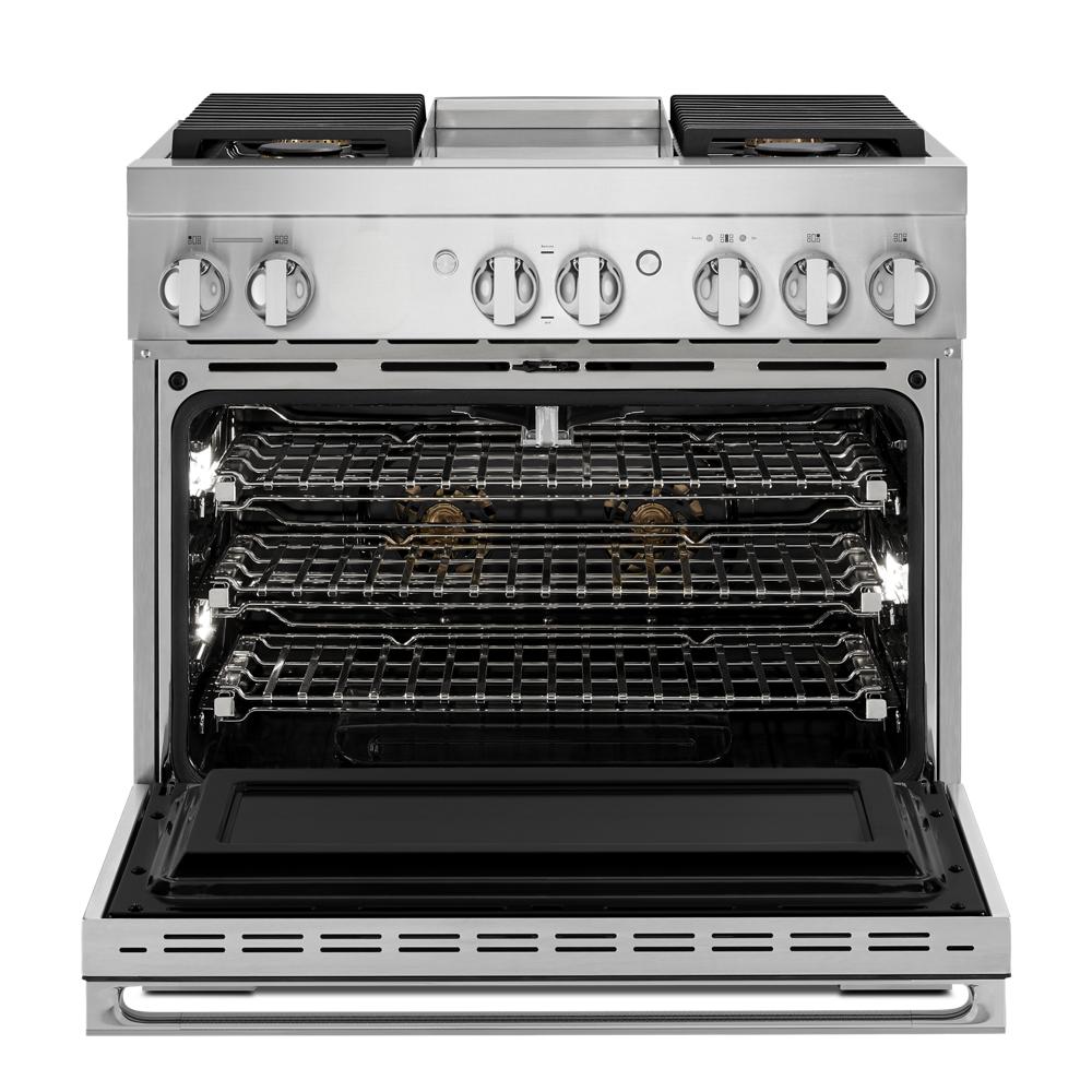 Model: JDSP536HM | Jenn-Air NOIR™ 36" Dual-Fuel Professional-Style Range with Chrome-Infused Griddle and Steam Assist