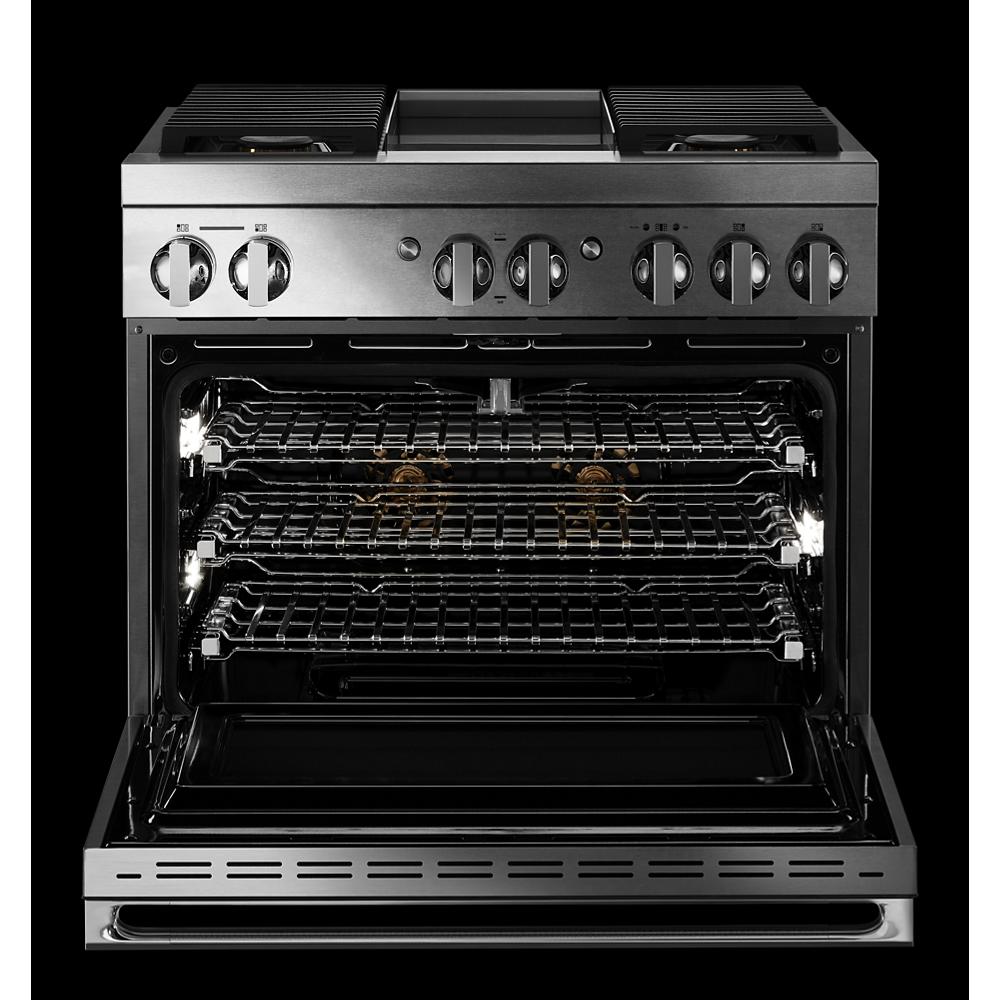 Model: JDSP536HM | Jenn-Air NOIR™ 36" Dual-Fuel Professional-Style Range with Chrome-Infused Griddle and Steam Assist