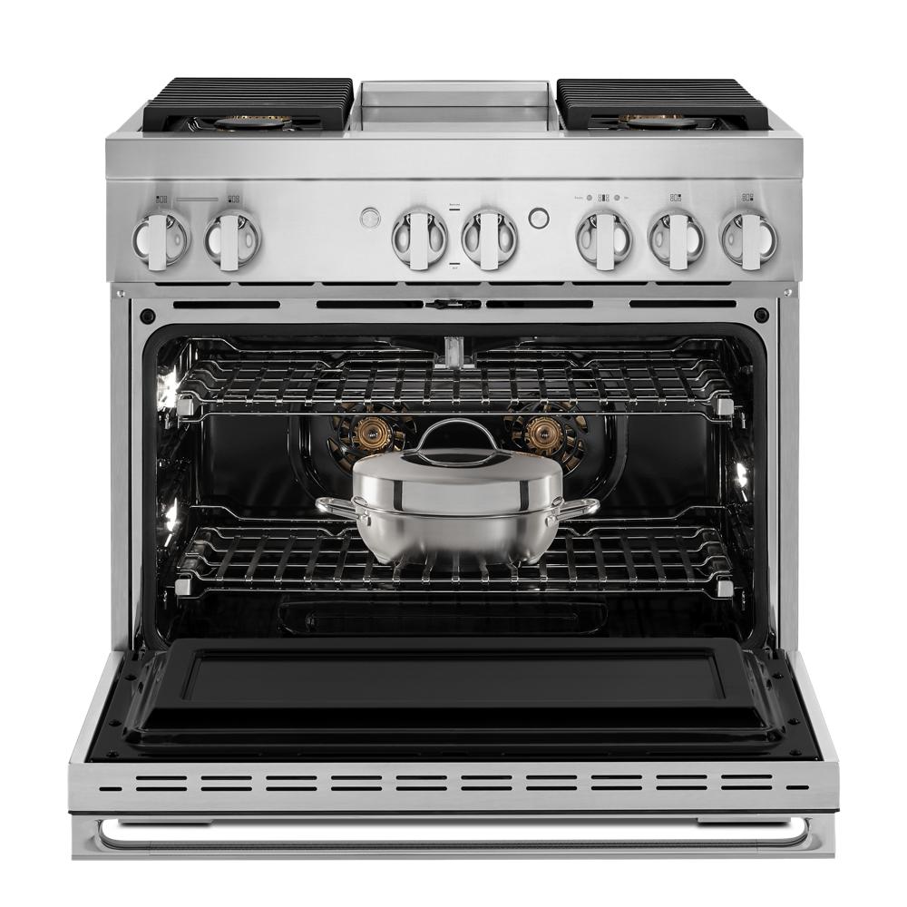 Model: JDSP536HM | Jenn-Air NOIR™ 36" Dual-Fuel Professional-Style Range with Chrome-Infused Griddle and Steam Assist