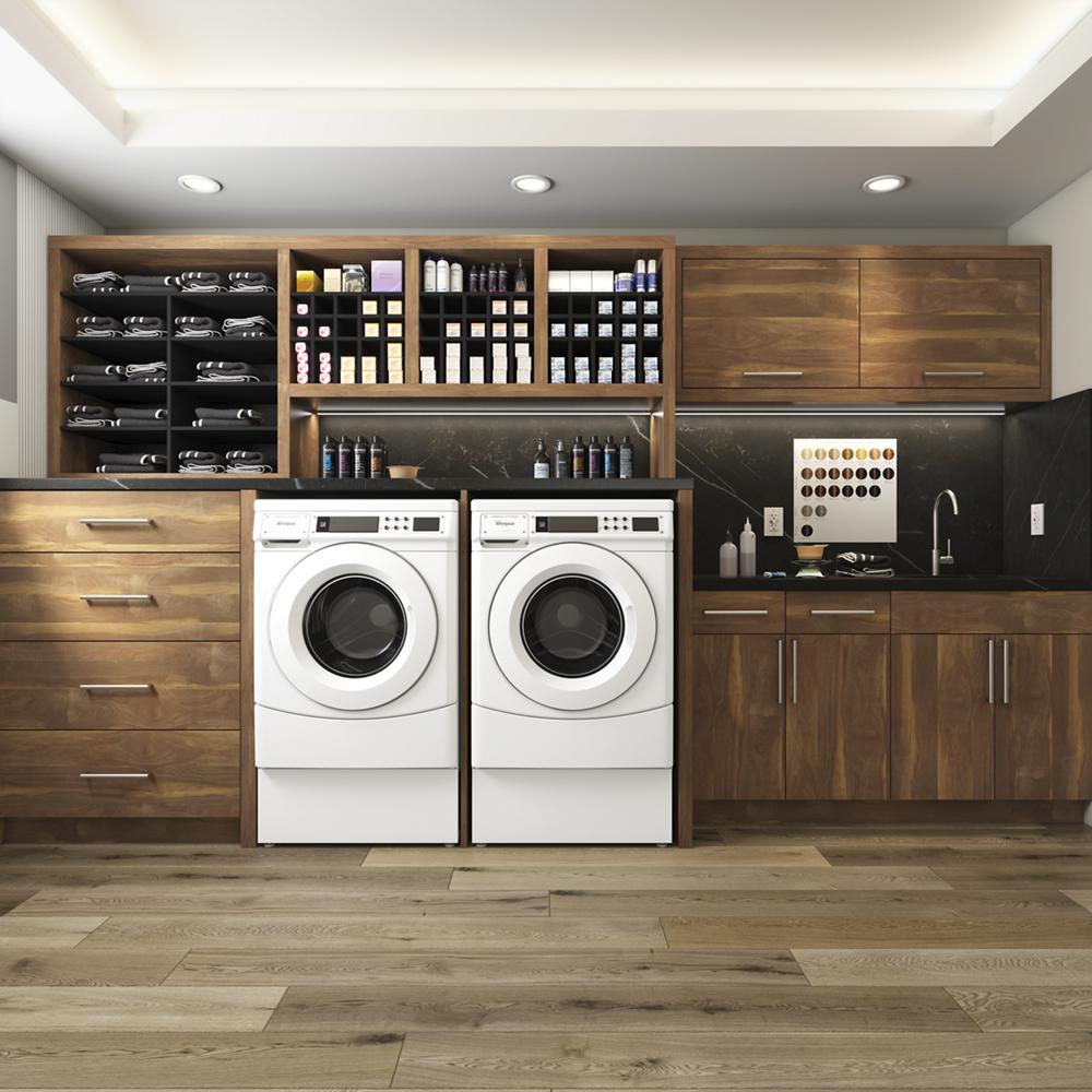 Washer dryer combo with pedestal outlet