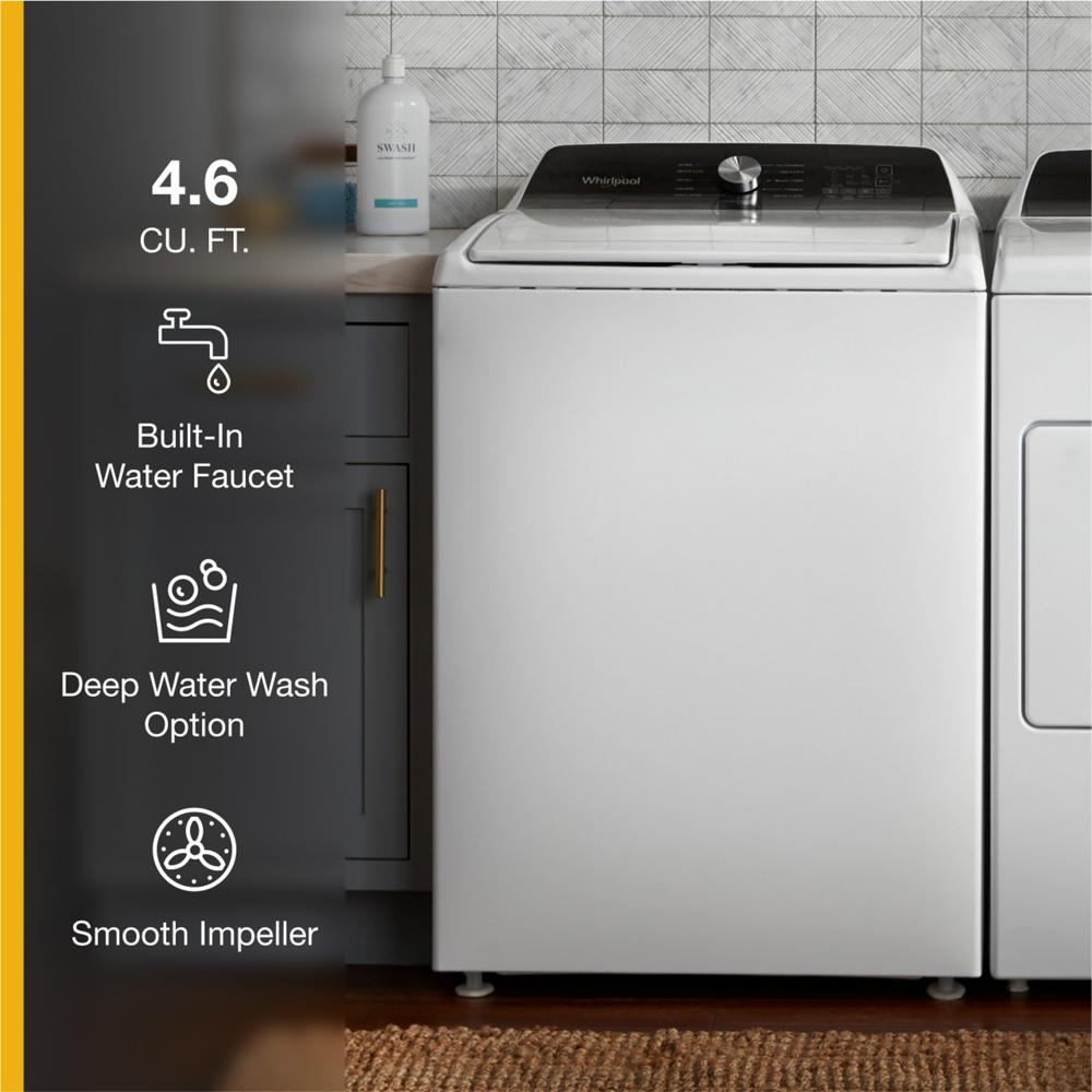 Model: WTW5010LW-BLEM | Whirlpool 4.6 Cu. Ft. Top Load Impeller Washer with Built-in Faucet
