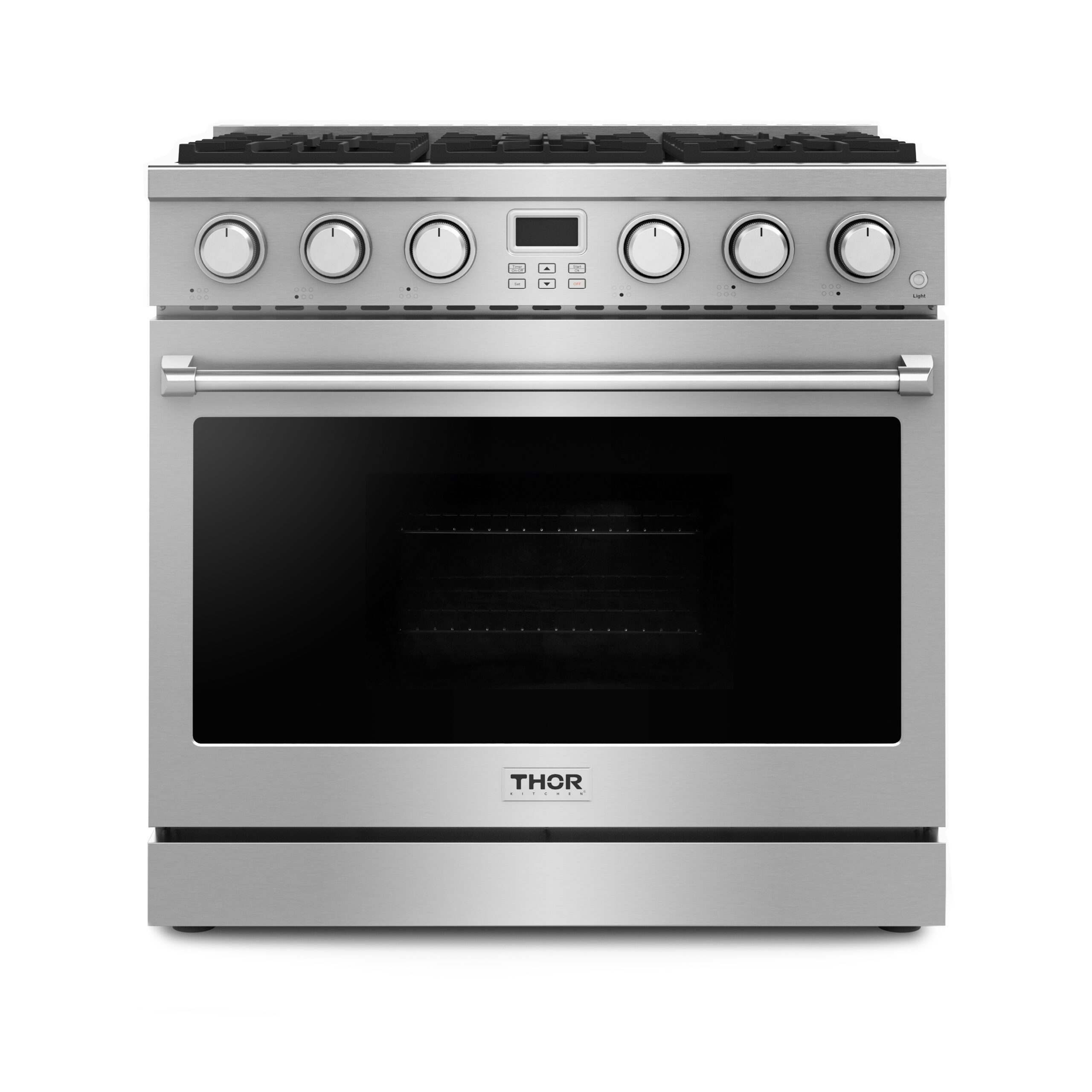 Model: ARG36LP | Thor Pre-Converted Propane Contemporary 36 in. 6-Burners Professional Gas Range with Convection Oven in Stainless Steel