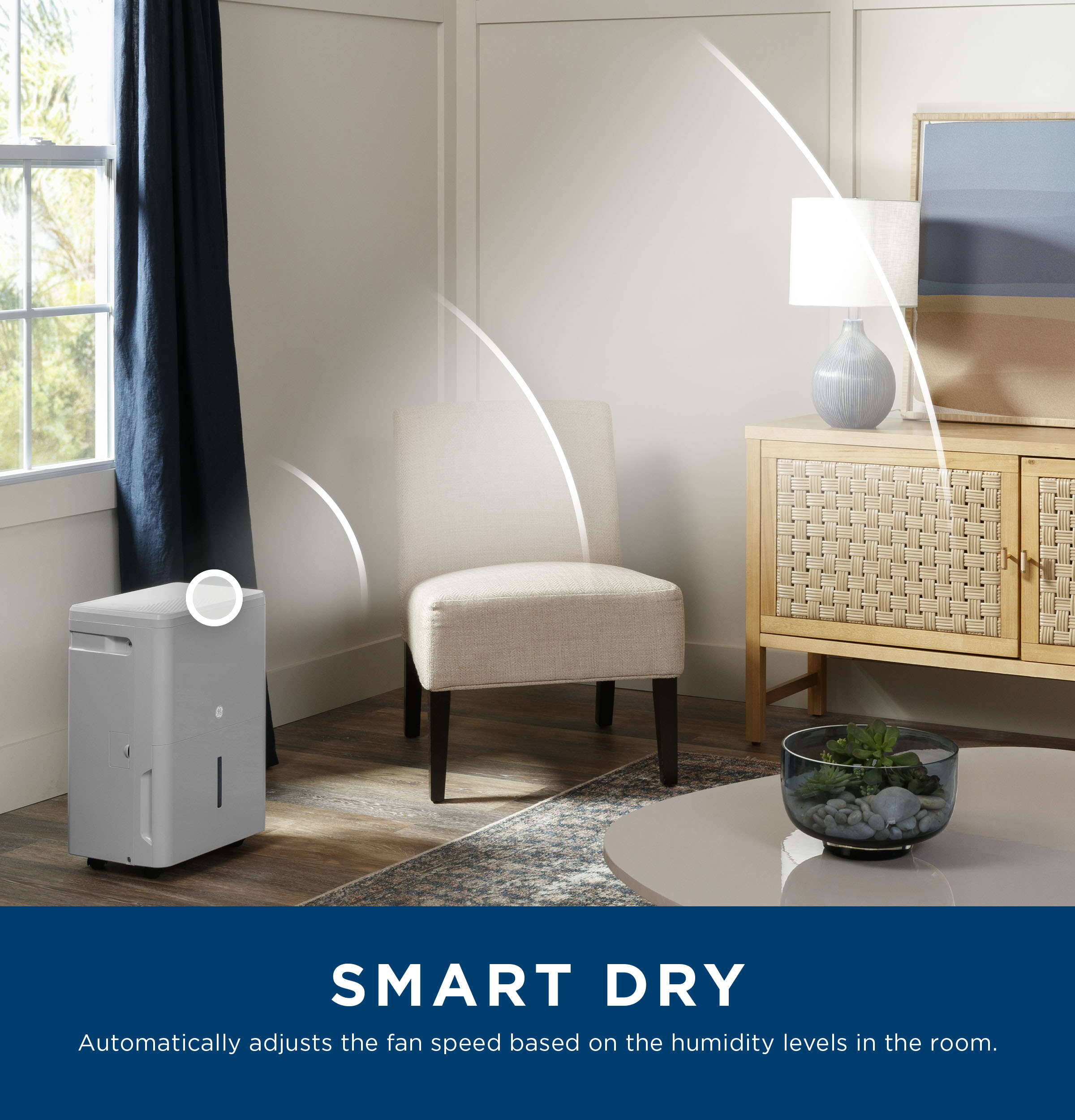 Model: APHR50LB | GE GE® ENERGY STAR® 50 Pint Portable Dehumidifier with Built-in Pump and Smart Dry for Wet Spaces