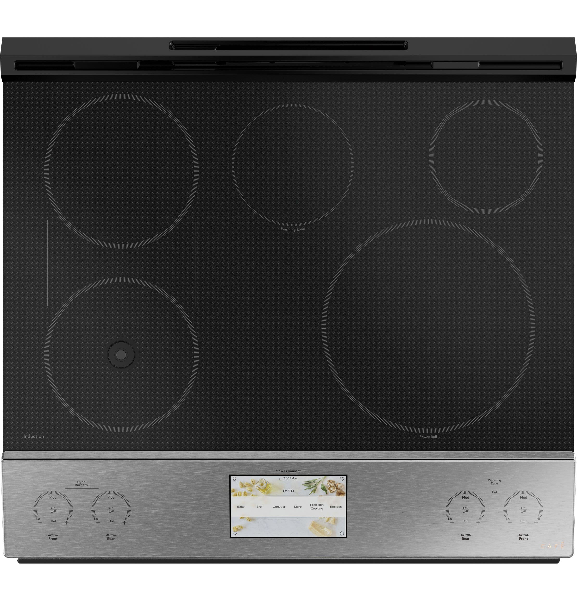 Model: CHS90XM2NS5 | Cafe Café™ 30" Smart Slide-In, Front-Control, Induction and Convection Range with In-Oven Camera in Platinum Glass