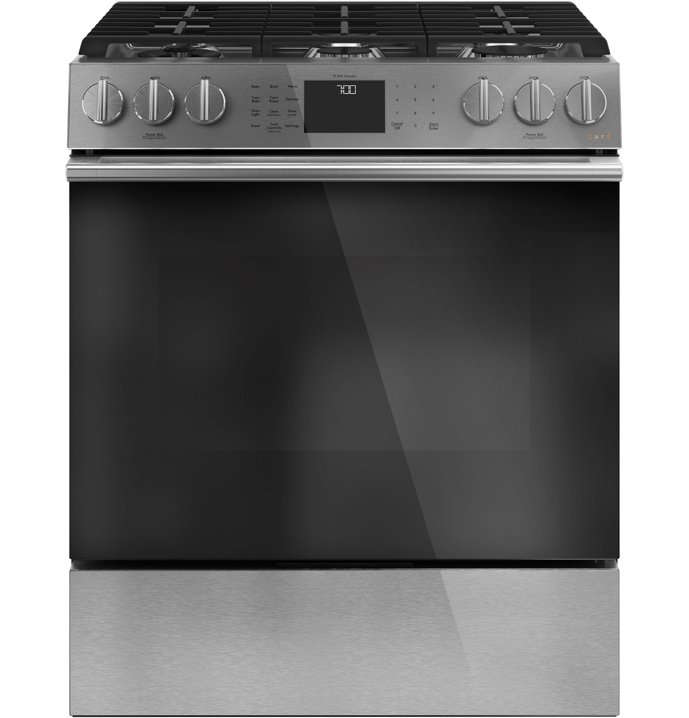 Cafe Café™ 30" Smart Slide-In, Front-Control, Gas Range with Convection Oven in Platinum Glass