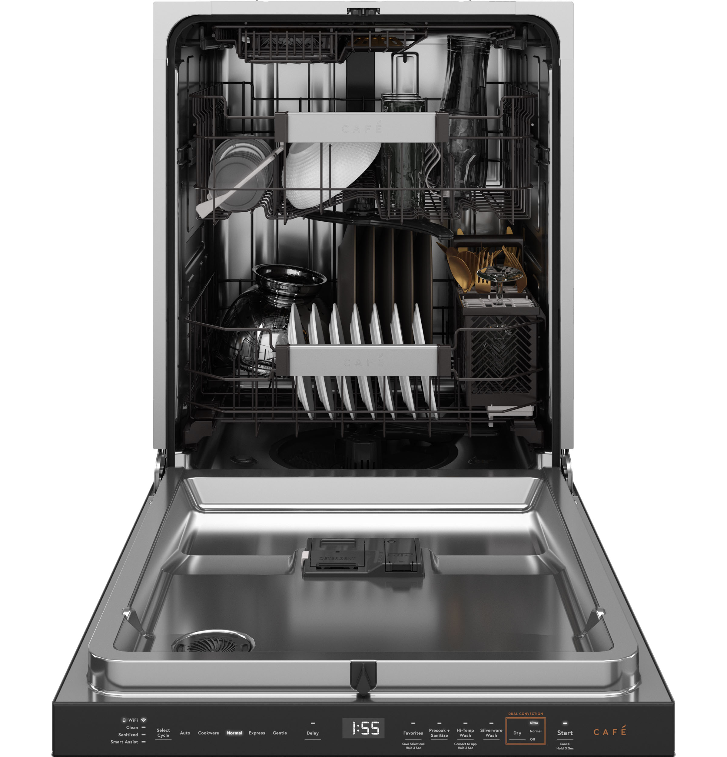 Model: CDP888M5VS5 | Cafe Café™ CustomFit ENERGY STAR Stainless Interior Smart Dishwasher with Ultra Wash Top Rack and LED Lights, 39 dBA in Platinum Glass
