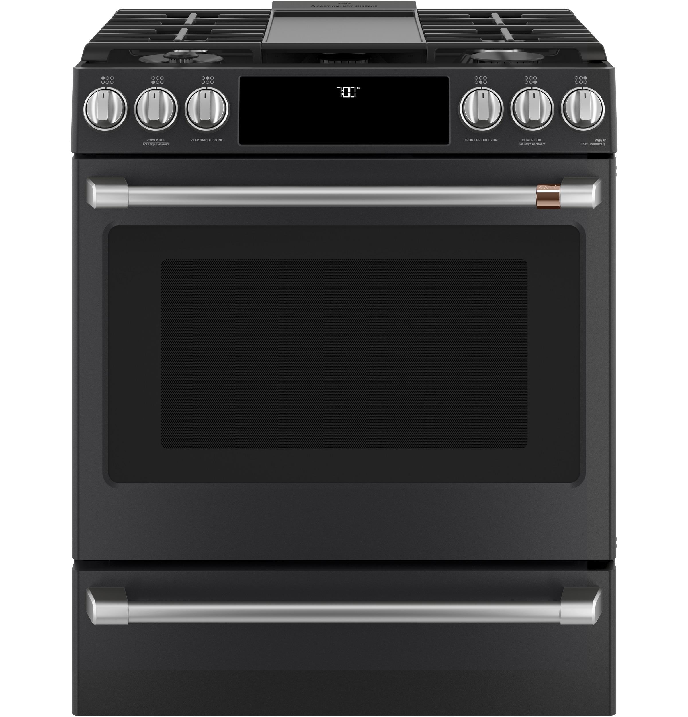 Model: CGS700P3MD1-Clrnc | Cafe Café™ 30" Smart Slide-In, Front-Control, Gas Range with Convection Oven