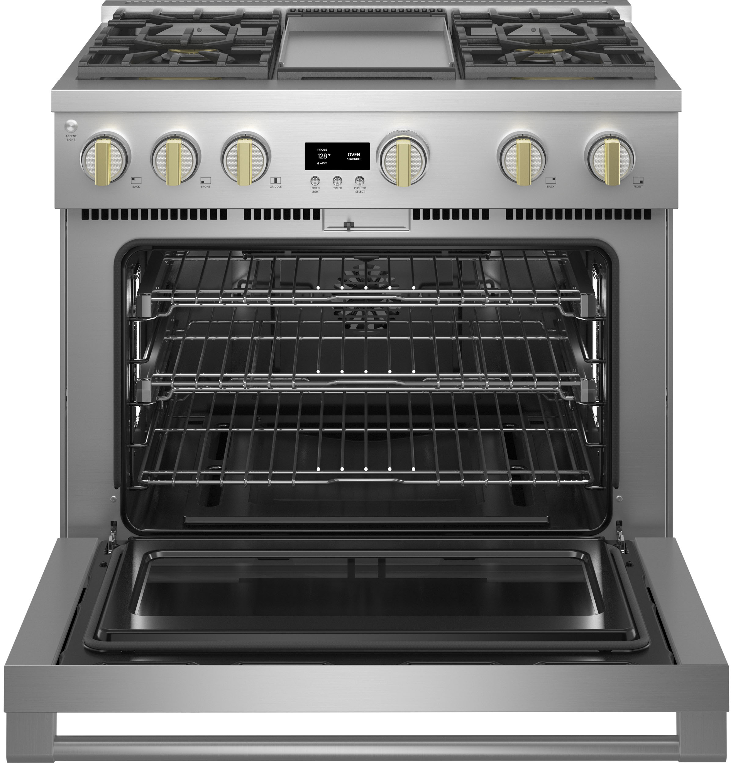 Model: ZGP364NDTSS | Monogram Monogram 36" All Gas Professional Range with 4 Burners and Griddle