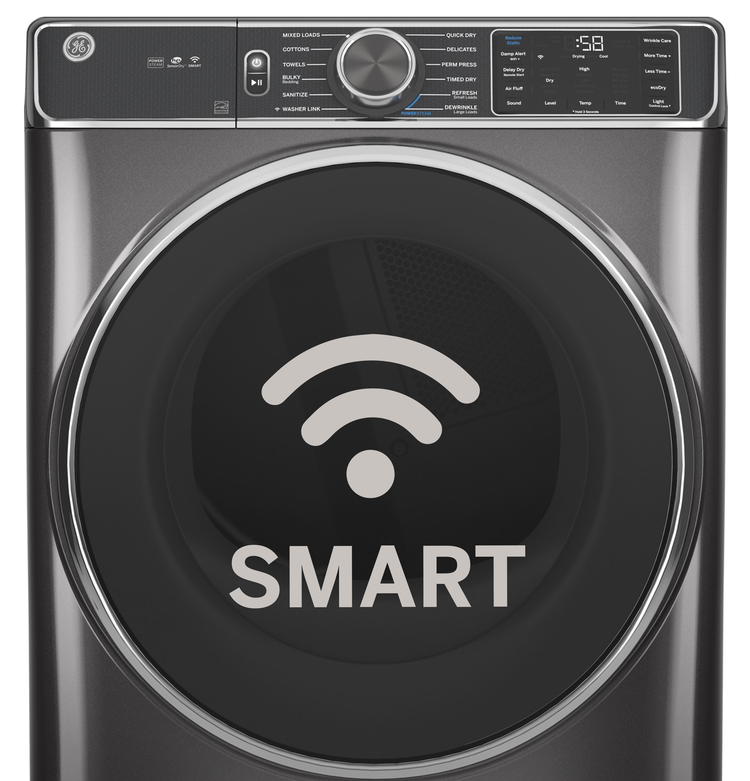 Model: GFD65GSSVWW-SD | GE GE® 7.8 cu. ft. Capacity Smart Front Load Gas Dryer with Steam and Sanitize Cycle