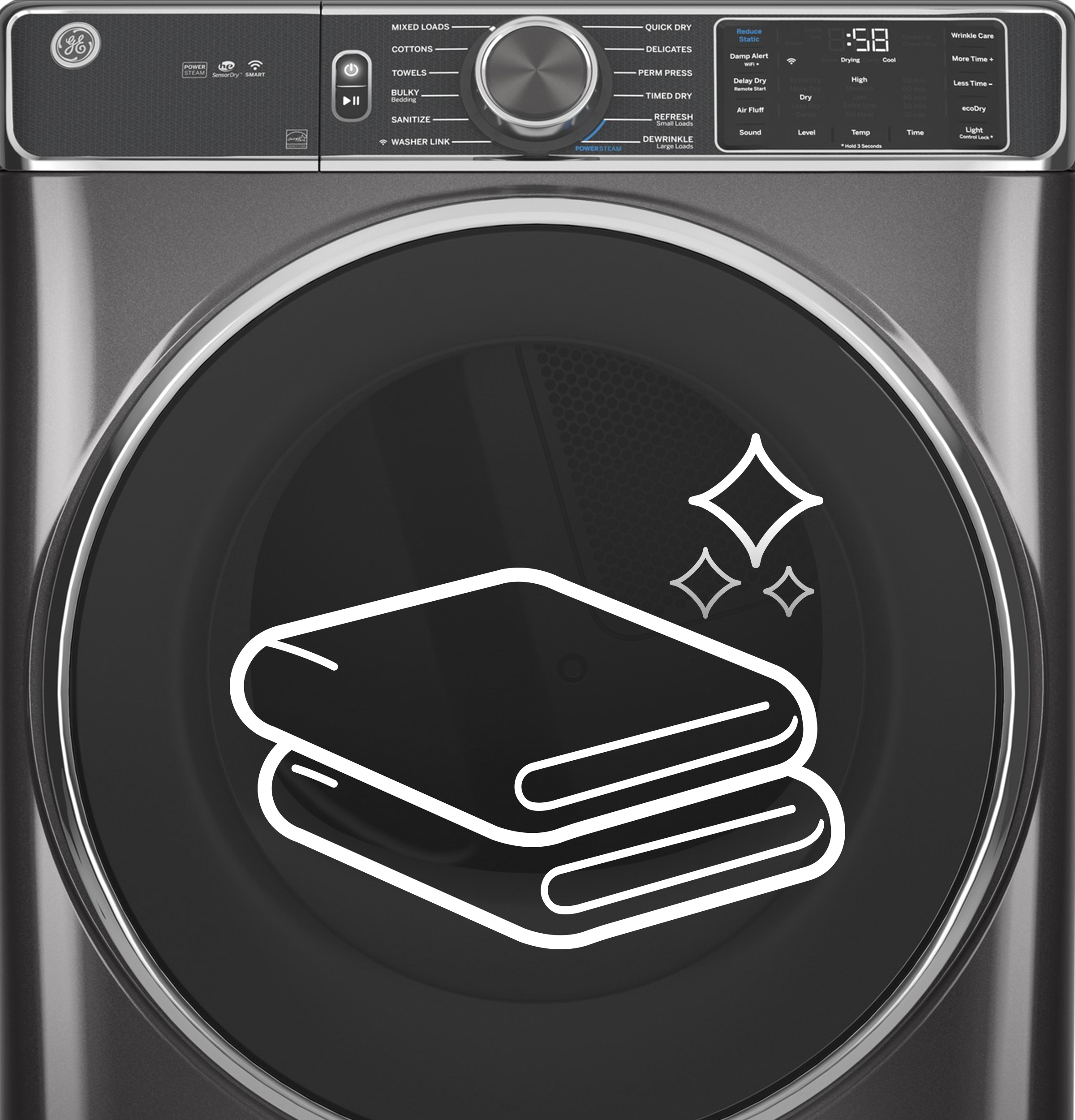 Model: GFD65GSSVWW-SD | GE GE® 7.8 cu. ft. Capacity Smart Front Load Gas Dryer with Steam and Sanitize Cycle