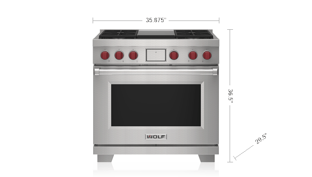 Model: DF36450G/WH/P/LP | Wolf 36" Dual Fuel Range - 4 Burners and Infrared Griddle