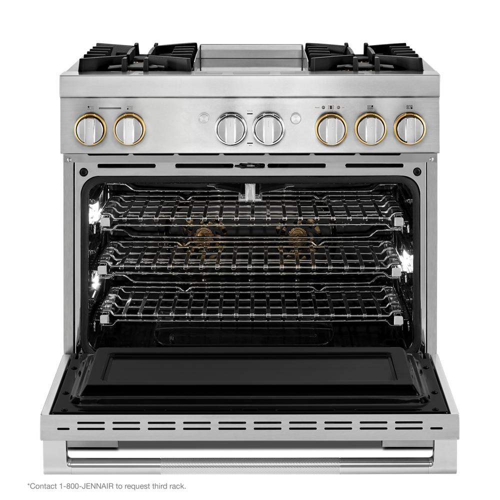 Model: JDRP536HL | Jenn-Air RISE™ 36" Dual-Fuel Professional Range with Chrome-Infused Griddle