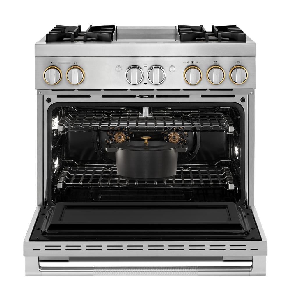 Model: JDRP536HL | Jenn-Air RISE™ 36" Dual-Fuel Professional Range with Chrome-Infused Griddle