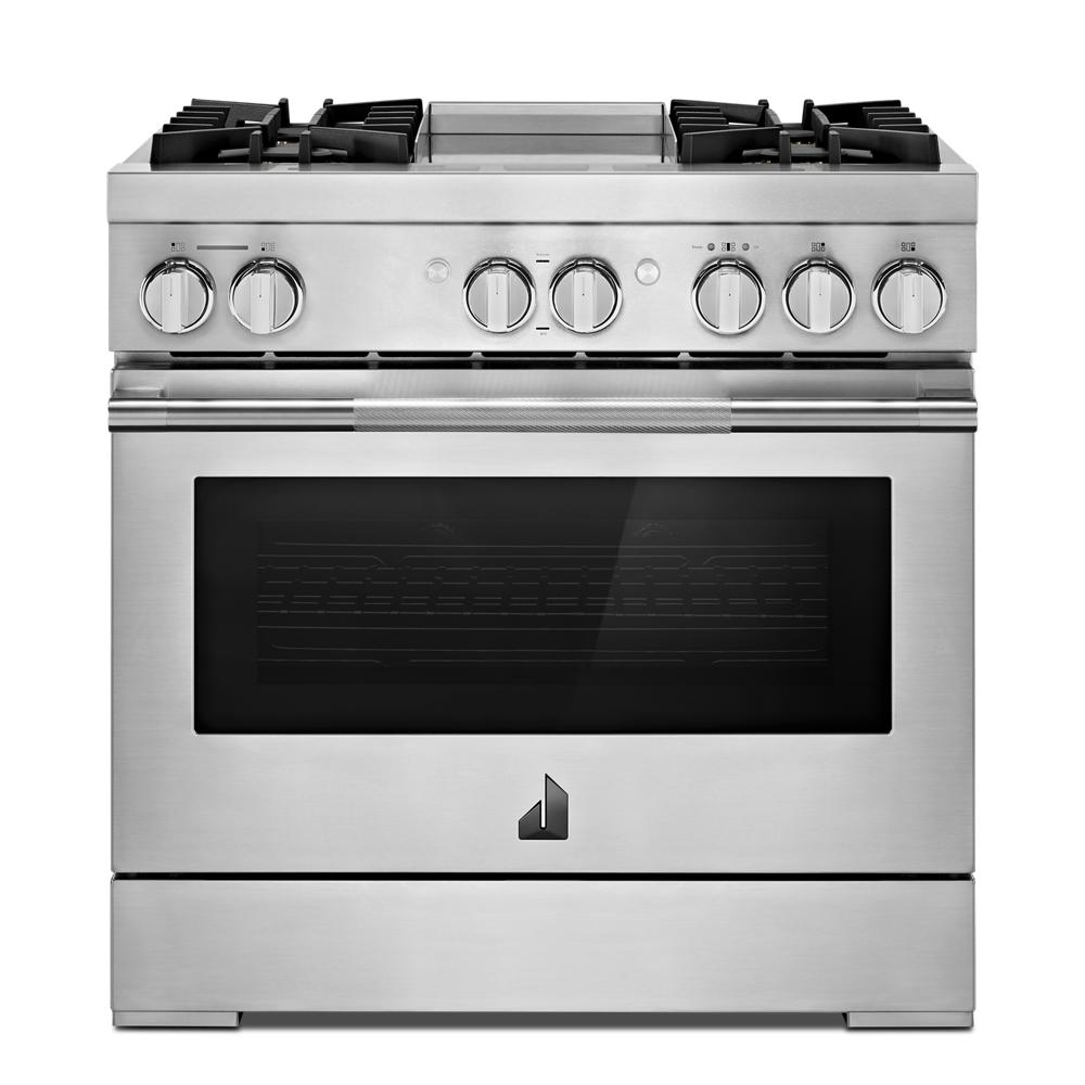 Model: JDRP536HL | Jenn-Air RISE™ 36" Dual-Fuel Professional Range with Chrome-Infused Griddle