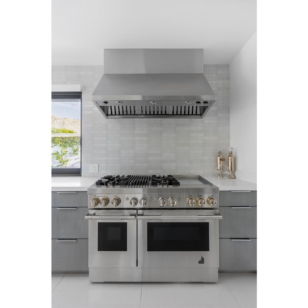 Model: JDRP748HL | Jenn-Air RISE™ 48" Dual-Fuel Professional-Style Range with Chrome-Infused Griddle and Grill