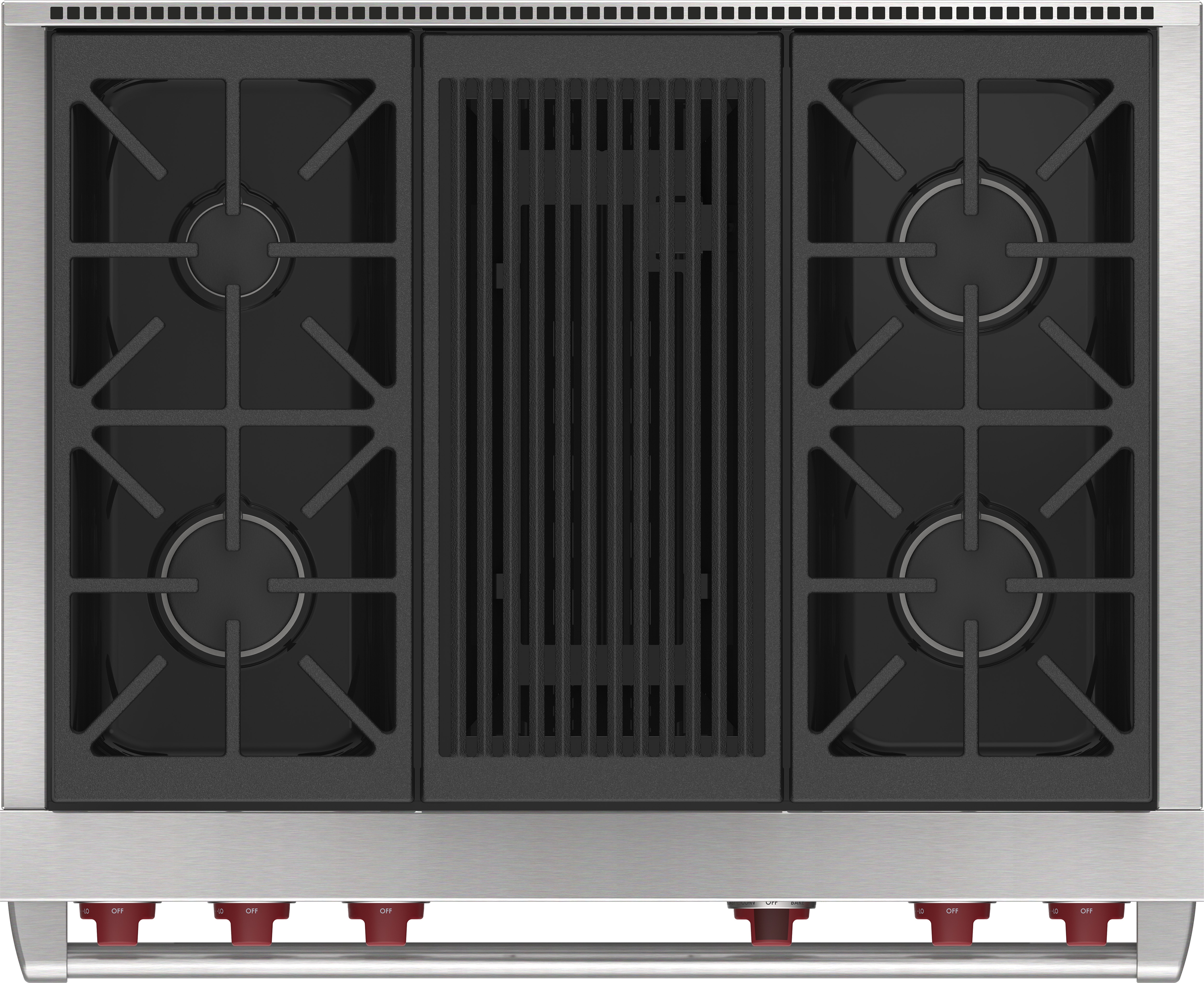 Model: DF36450C/S/P/LP | Wolf 36" Dual Fuel Range - 4 Burners and Infrared Charbroiler