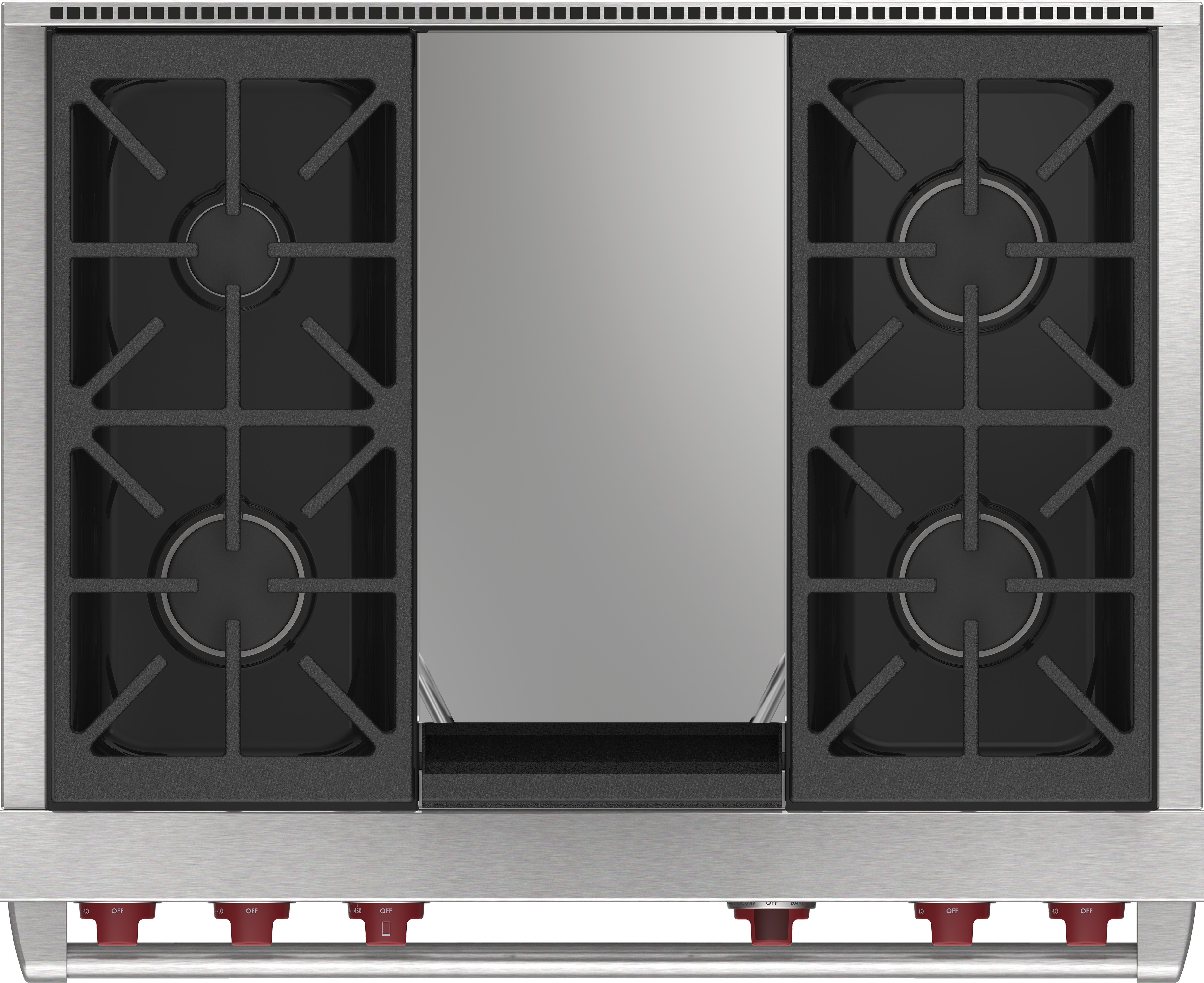 Model: DF36450G/S/P | Wolf 36" Dual Fuel Range - 4 Burners and Infrared Griddle