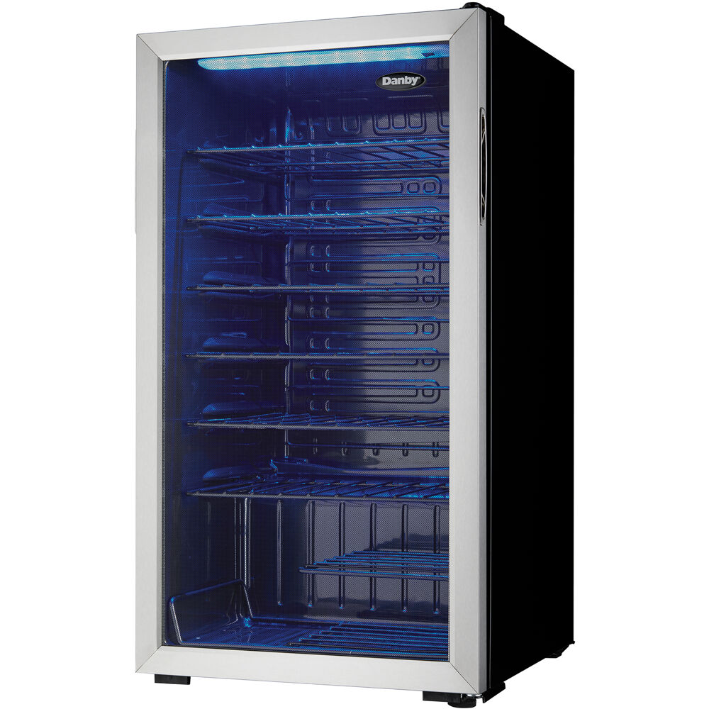 Model: DWC036A1BSSDB-6 | Danby 36 Bottle Wine Cooler, Interior Blue LED Lighting, Wire Shelves