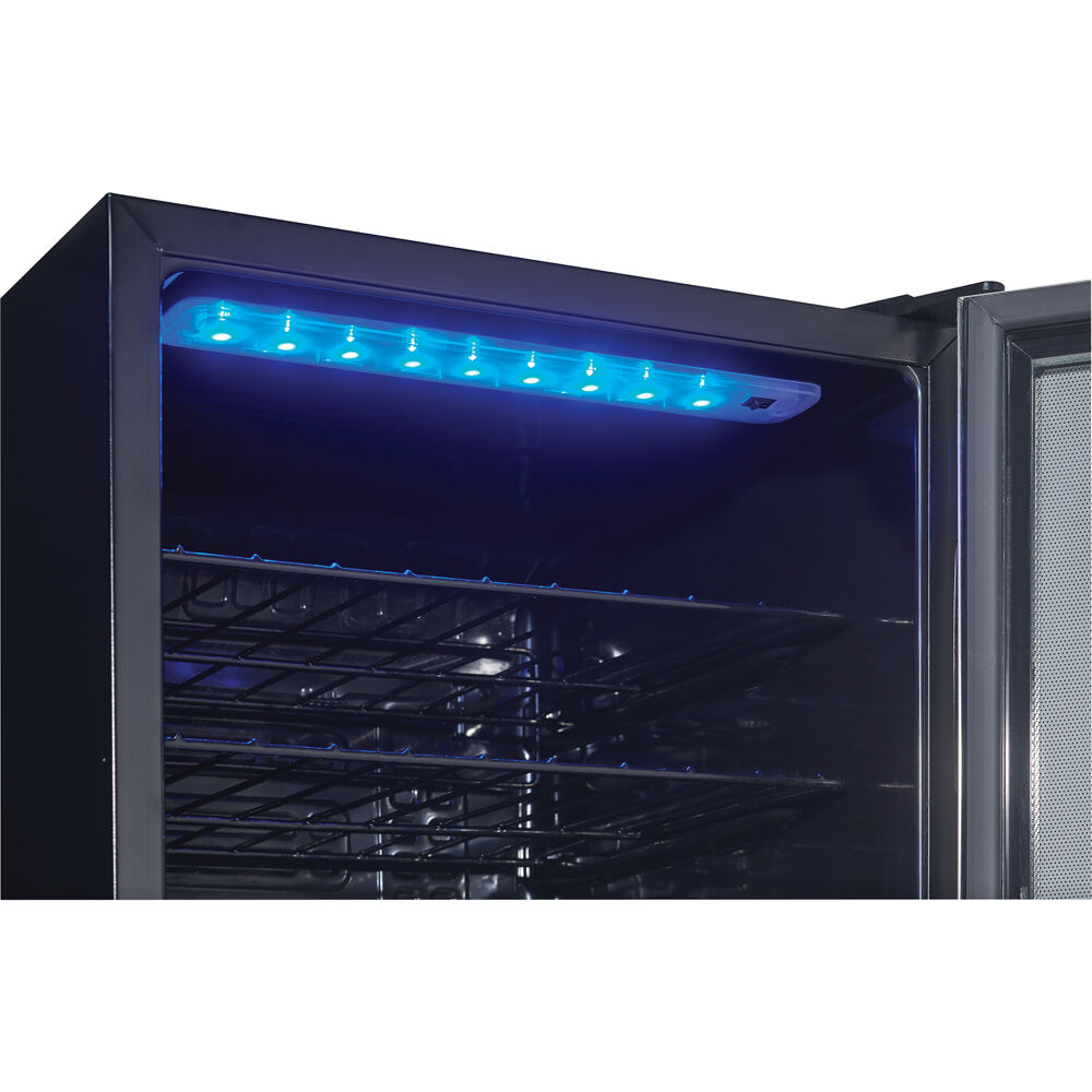 Model: DWC036A1BSSDB-6 | Danby 36 Bottle Wine Cooler, Interior Blue LED Lighting, Wire Shelves