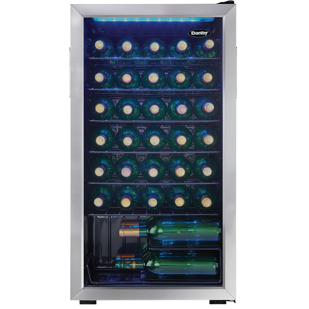 Model: DWC036A1BSSDB-6 | Danby 36 Bottle Wine Cooler, Interior Blue LED Lighting, Wire Shelves