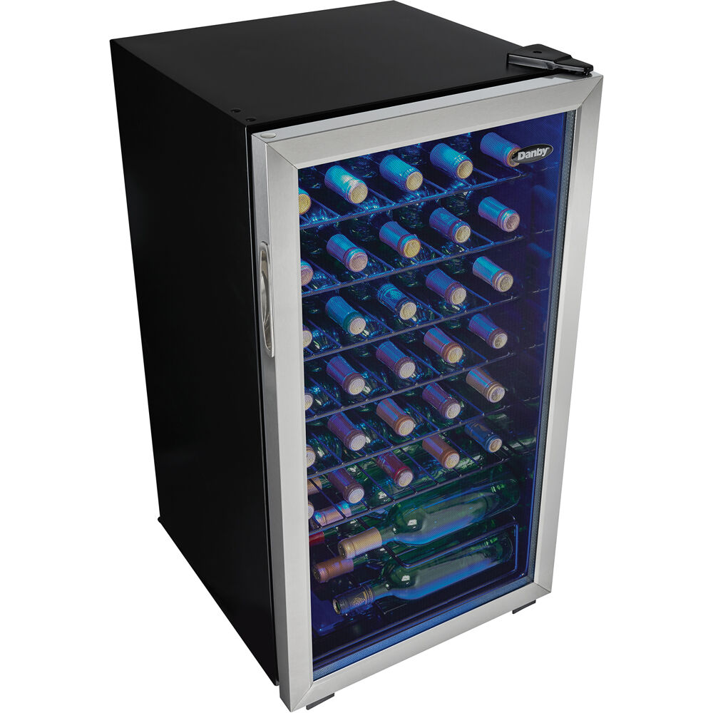 Model: DWC036A1BSSDB-6 | Danby 36 Bottle Wine Cooler, Interior Blue LED Lighting, Wire Shelves