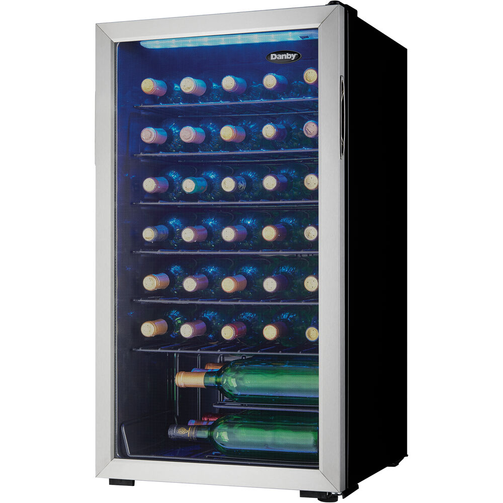 Model: DWC036A1BSSDB-6 | Danby 36 Bottle Wine Cooler, Interior Blue LED Lighting, Wire Shelves