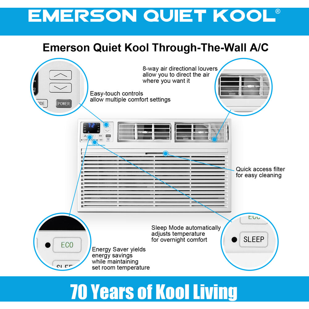 Model: EATC12RSE2T | Emerson Quiet Kool 12000 BTU TTW Air Conditioner with Wifi Controls, 230V