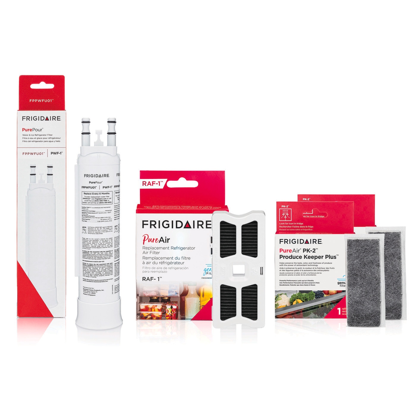 Model: FRIGCOMBO14 | Frigidaire FPPWFU01, FRGPAAF1 and (2) FRPAPK2RF Water Filter and Air Filter Combo Kit with Produce Keepers