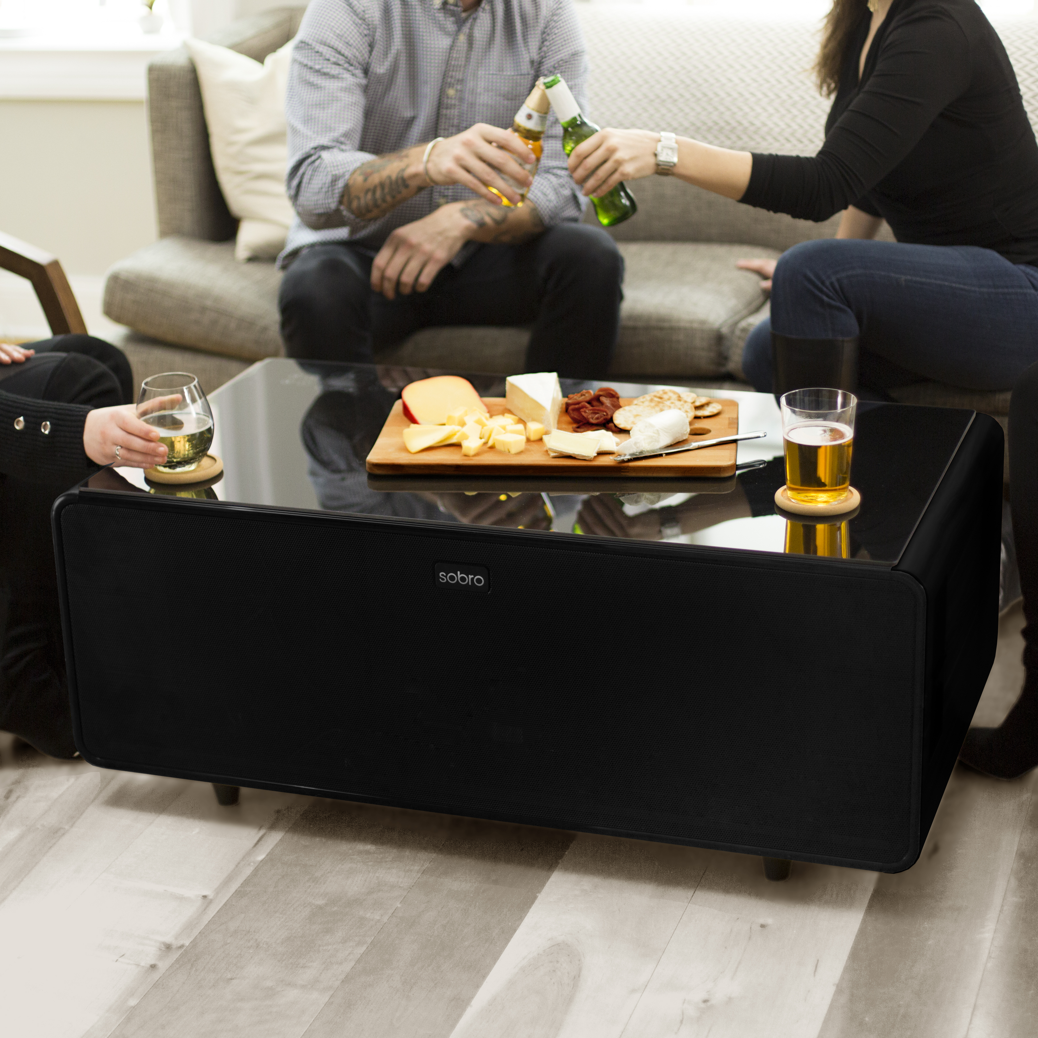 Model: 300 Coffee Table Cooler - Black | Crossroads Furniture 300 Coffee Table Cooler, Bluetooth speaker, USB ports, LED Lighting, Tempered Glass Top