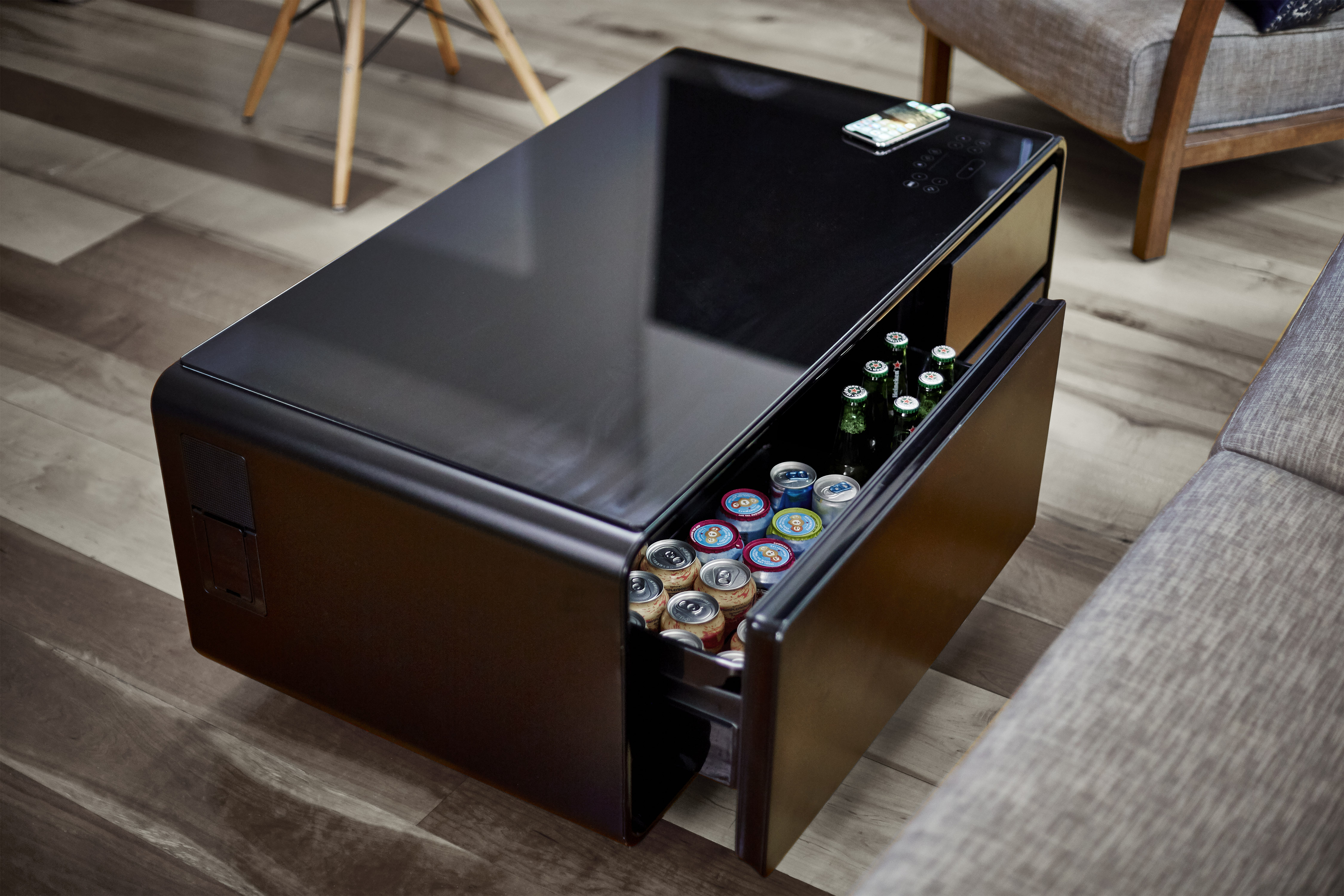 Model: 300 Coffee Table Cooler - Black | Crossroads Furniture 300 Coffee Table Cooler, Bluetooth speaker, USB ports, LED Lighting, Tempered Glass Top