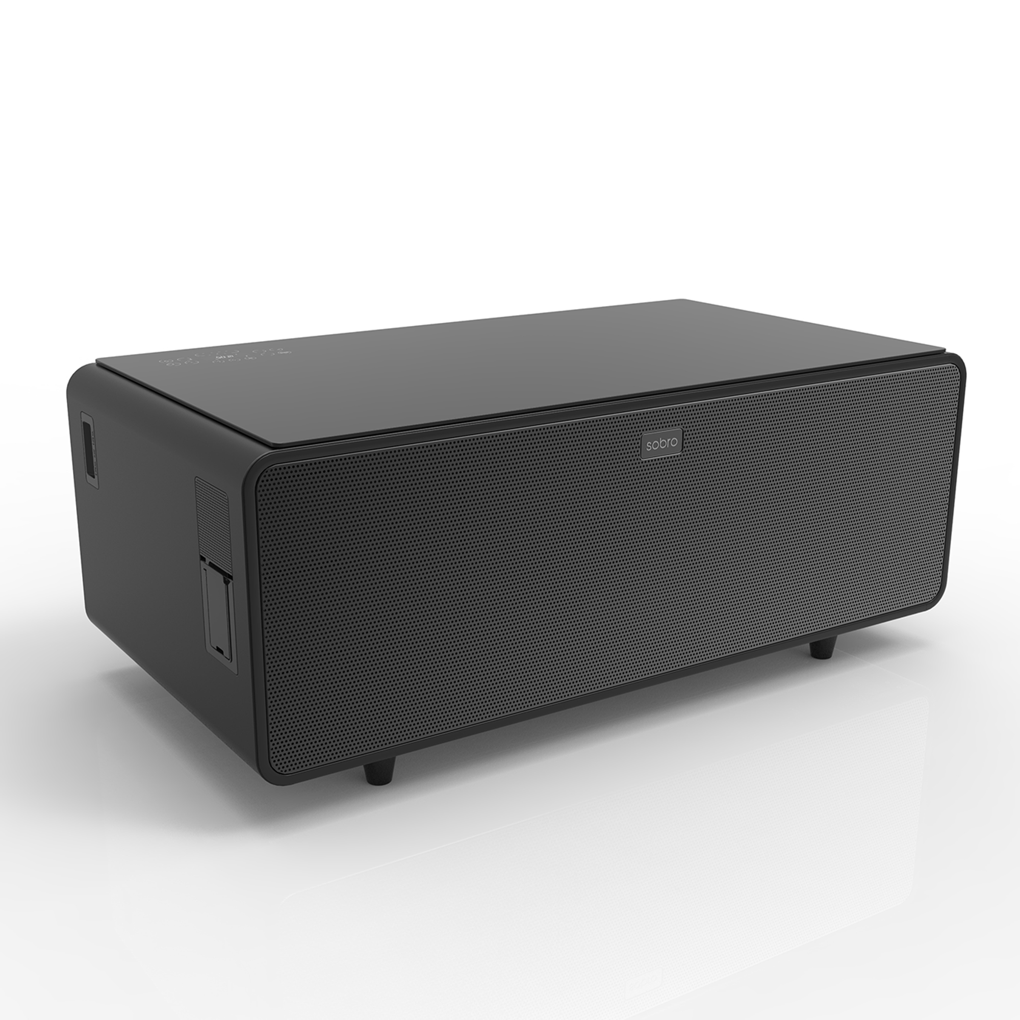 Model: 300 Coffee Table Cooler - Black | Crossroads Furniture 300 Coffee Table Cooler, Bluetooth speaker, USB ports, LED Lighting, Tempered Glass Top