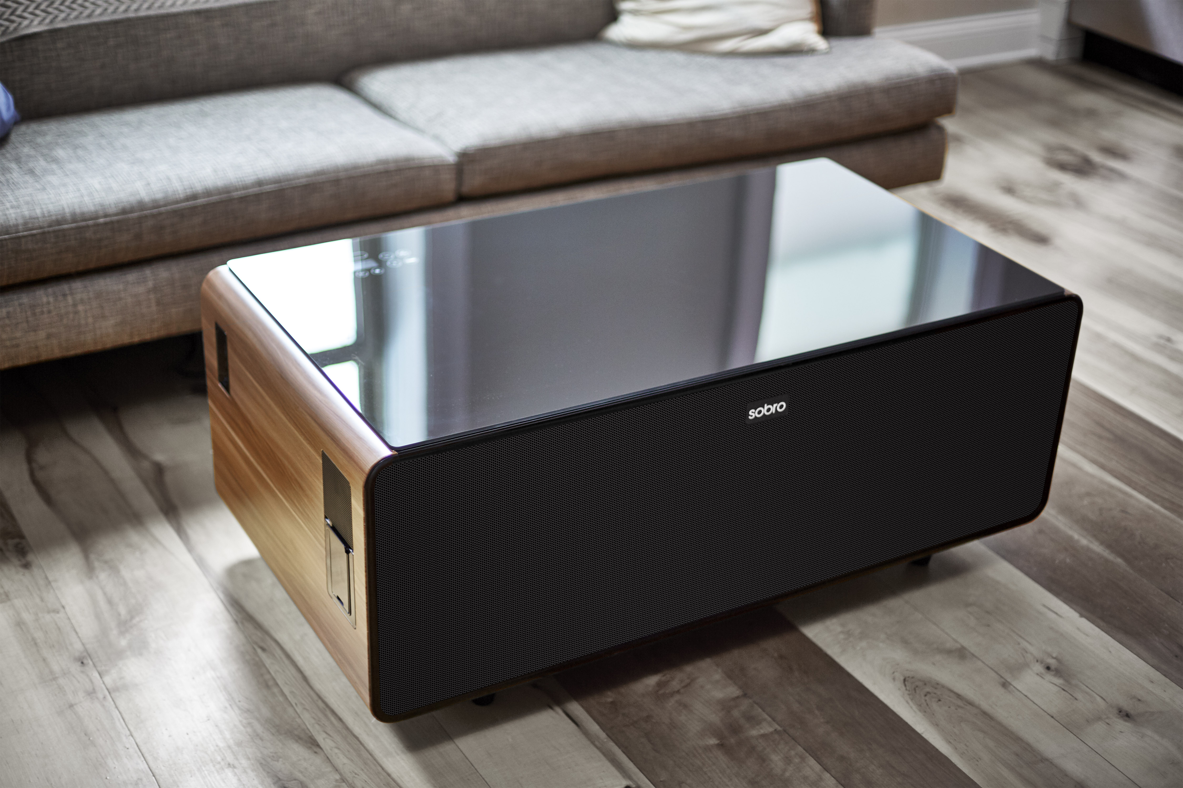 Model: 300 Coffee Table Cooler - Wood | Crossroads Furniture 300 Coffee Table Cooler, Bluetooth speaker, USB ports, LED Lighting, Tempered Glass Top