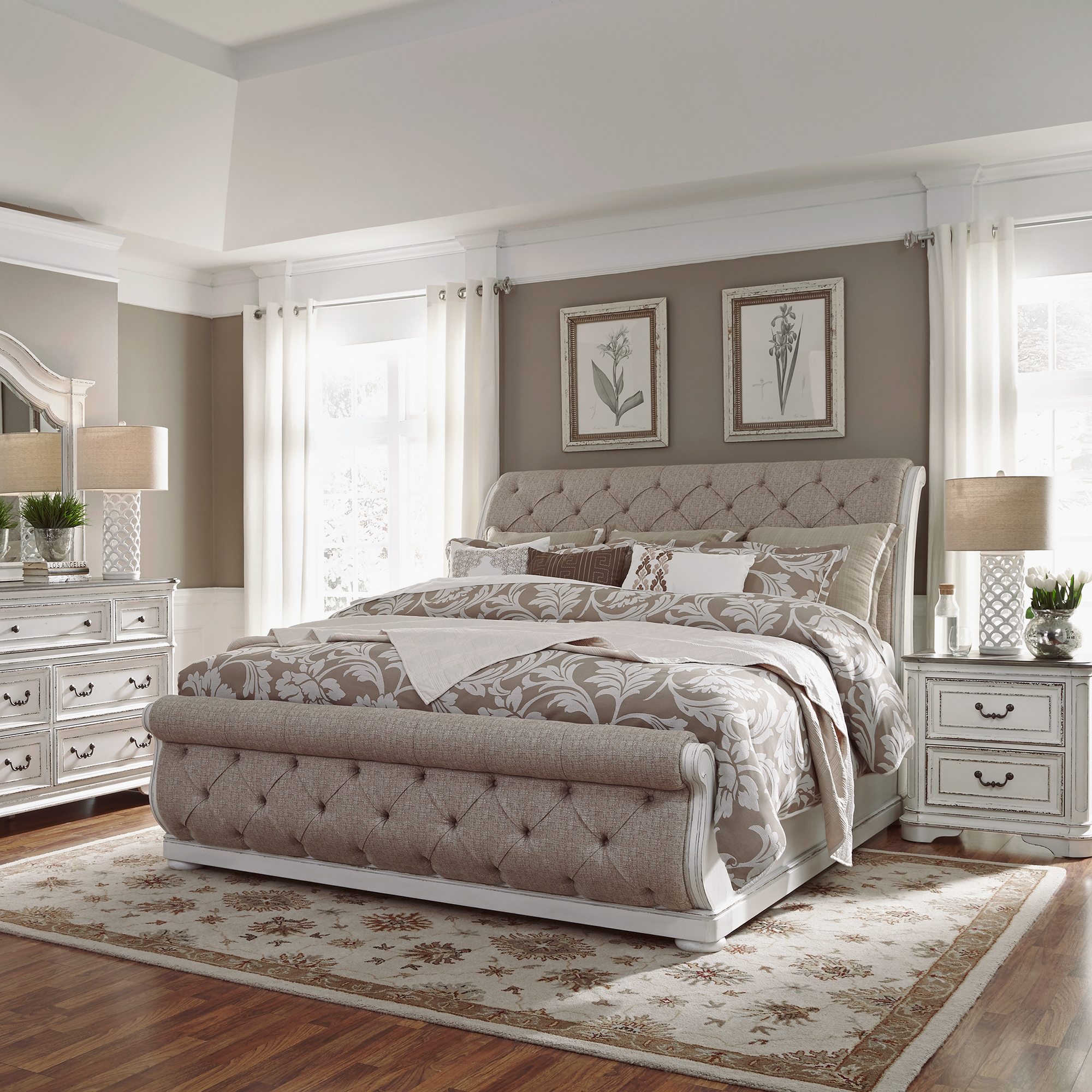 Liberty Furniture King California Upholstered Sleigh Bed, Dresser & Mirror, Night Stand