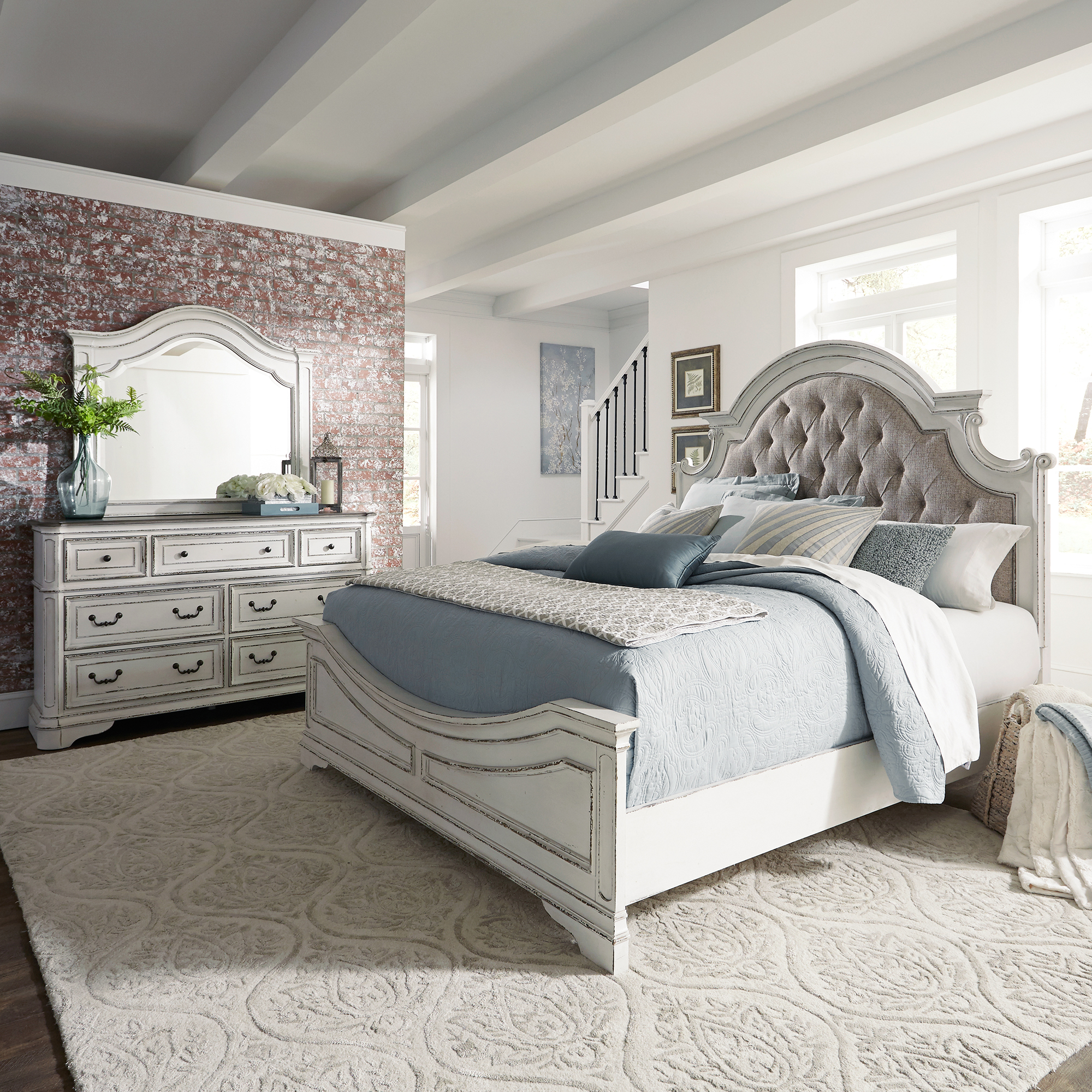 Liberty Furniture King Uph Bed, Dresser & Mirror