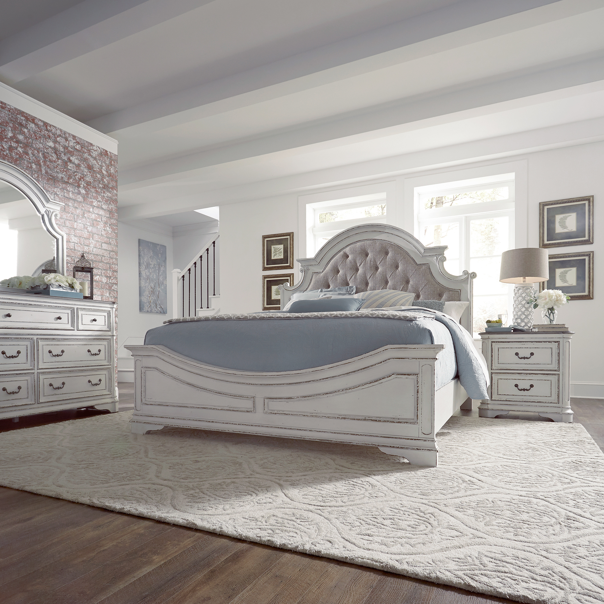 Liberty Furniture King Uph Bed, Dresser & Mirror, Night Stand