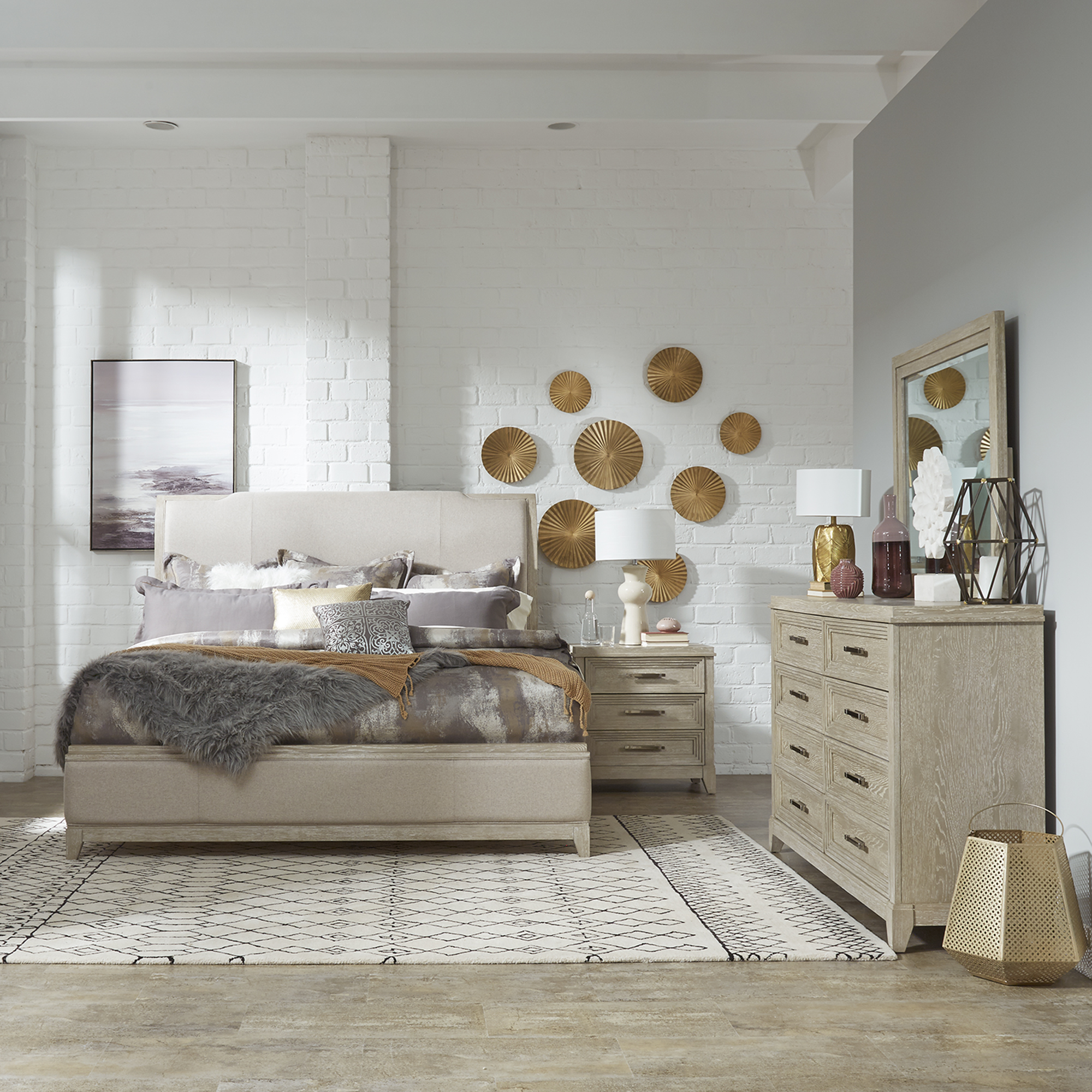 Liberty Furniture King California Upholstered Bed, Dresser & Mirror, Night Stand