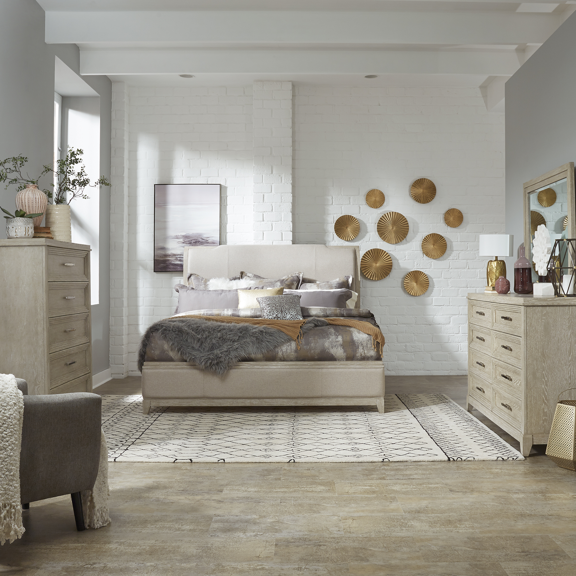 Liberty Furniture King Uph Bed, Dresser & Mirror, Chest