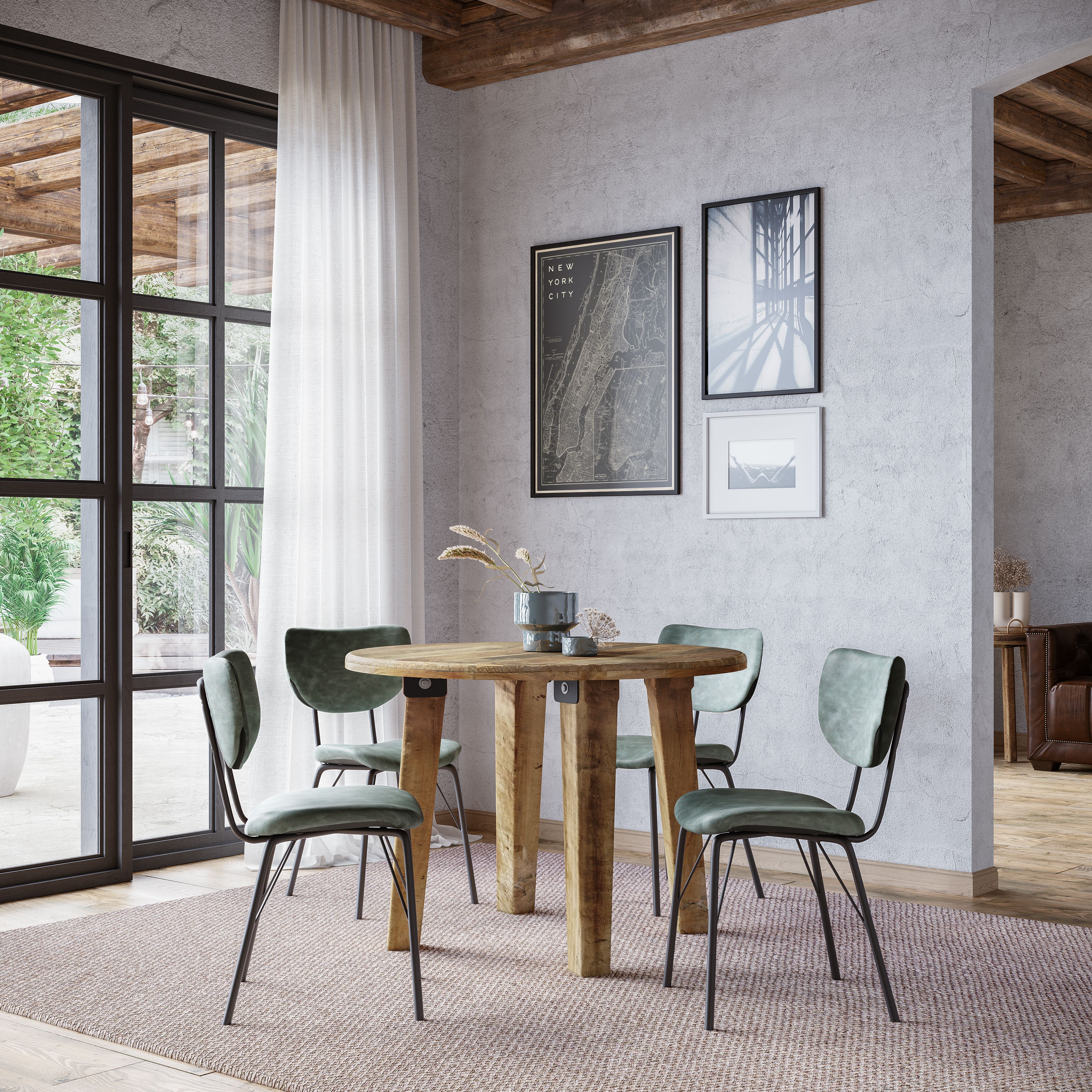 Model: 2301-RND-4-OWNCHJD | Jofran Reclamation Five Piece Dining Set with Upholstered Chairs
